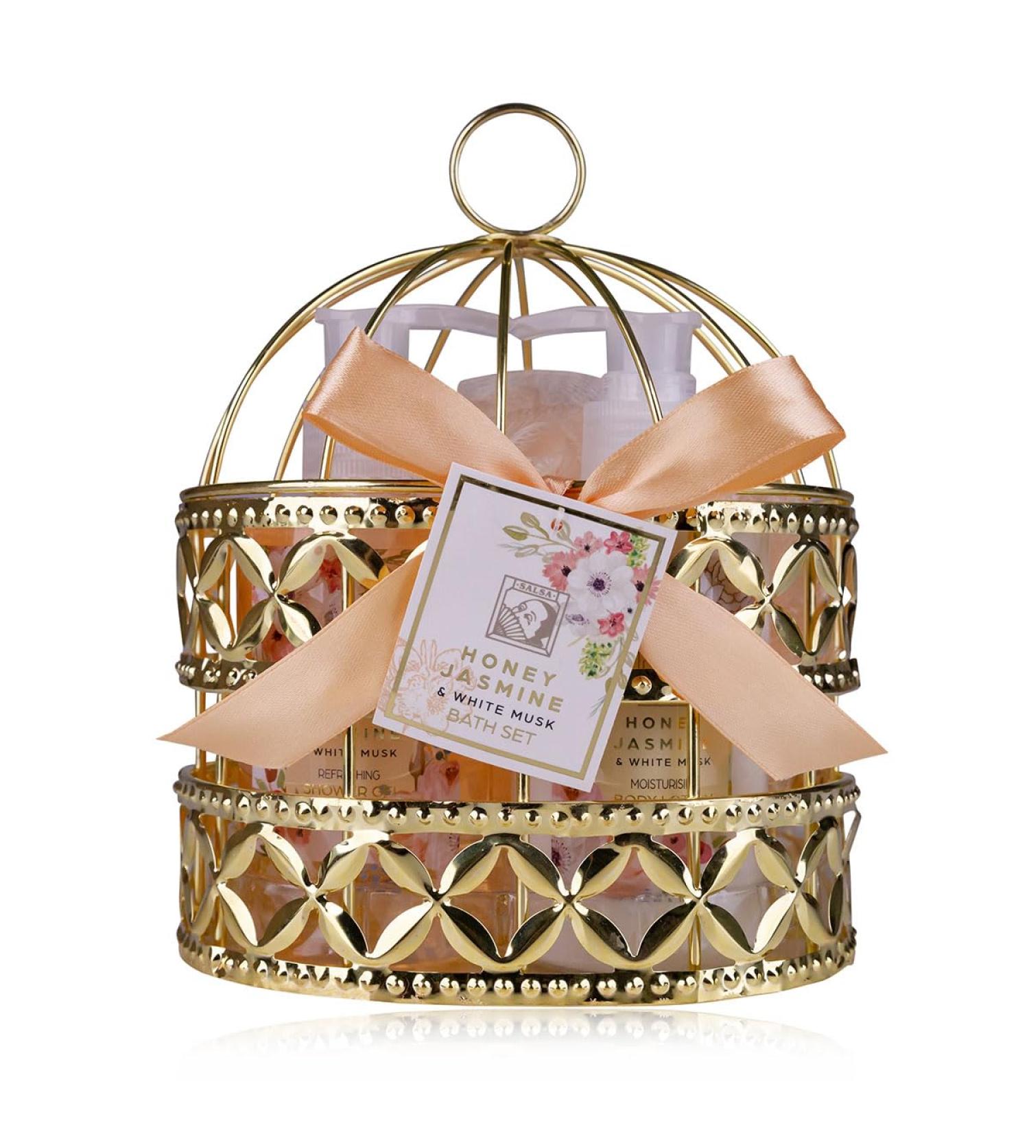 Accentra-shower set women gift set honey jasmine in beautiful wire basket-3-part care set with shower gel body lotion and bathing sponge-wellness gift set for birthday Valentine's Day Honey Jasmin Vogelkage1