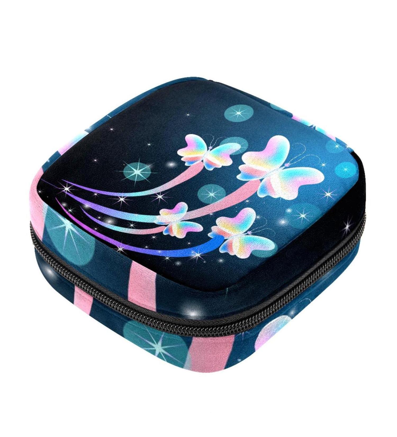 Stylish Menstruation Pad Bag with Zipper - Women's Tampon & Napkin Storage - Bright Butterflies & Sparkling Stars Design - Buy Online on GoSupps.com