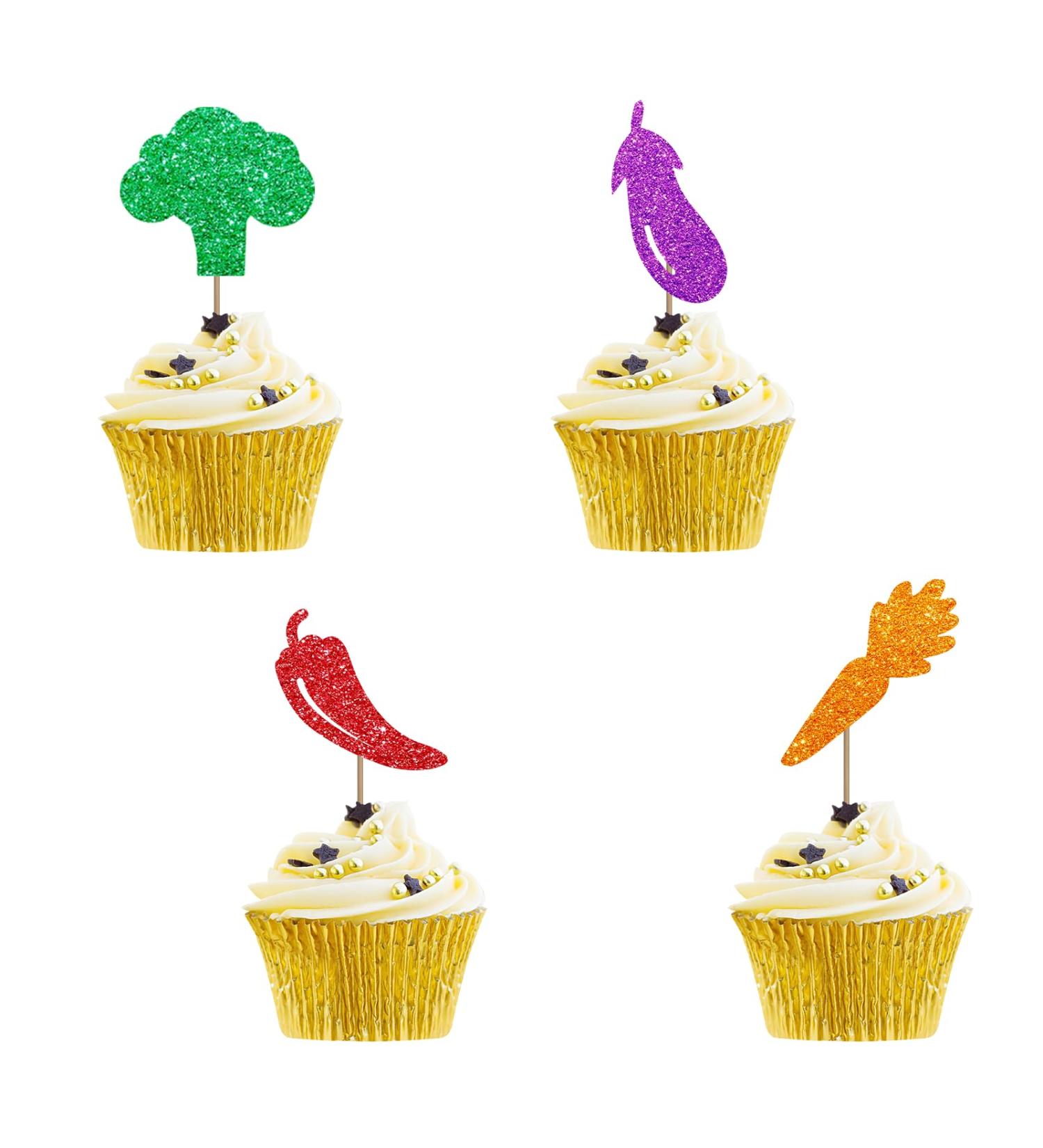 Vegetables Cupcake Toppers Farmer Themed Party Cake Decor Red&Green Glitter Cake Decorations for Baby Shower Vegetable Themed Birthday Party Supplies - 24pcs - Buy Online on GoSupps.com