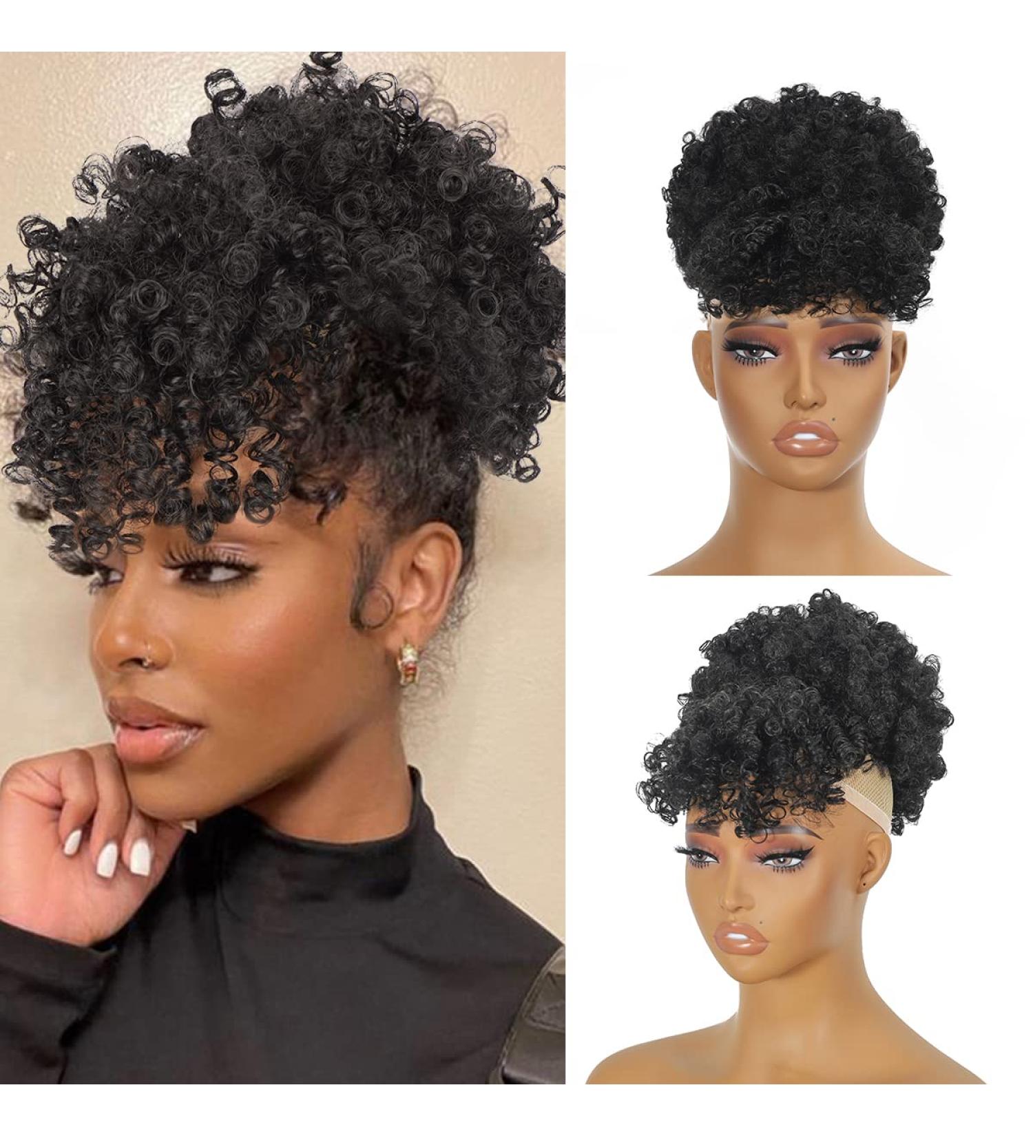 Short Kinky Curly Afro Puff Drawstring Ponytail with Bangs - 1B | Black Women's Pineapple Updo Hair - Buy Online on GoSupps.com