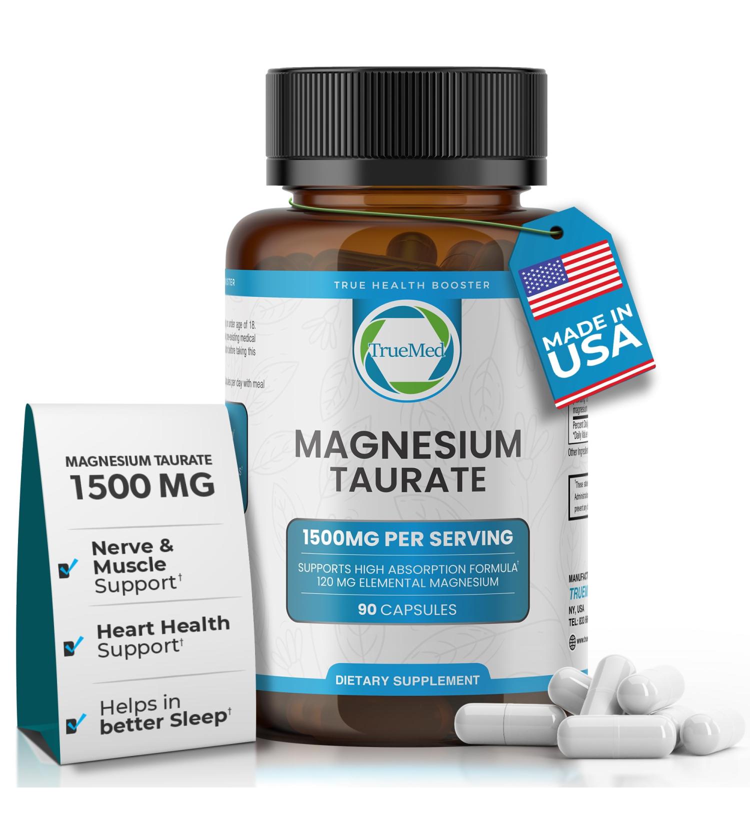 Truemed Natural Magnesium Taurate 1500mg Magnesium Taurate Supplement for Heart Health Sleep Relaxation Blood Pressure Balance & Energy Boost with High Absorption - Made in USA 60 Capsules - Buy Online on GoSupps.com