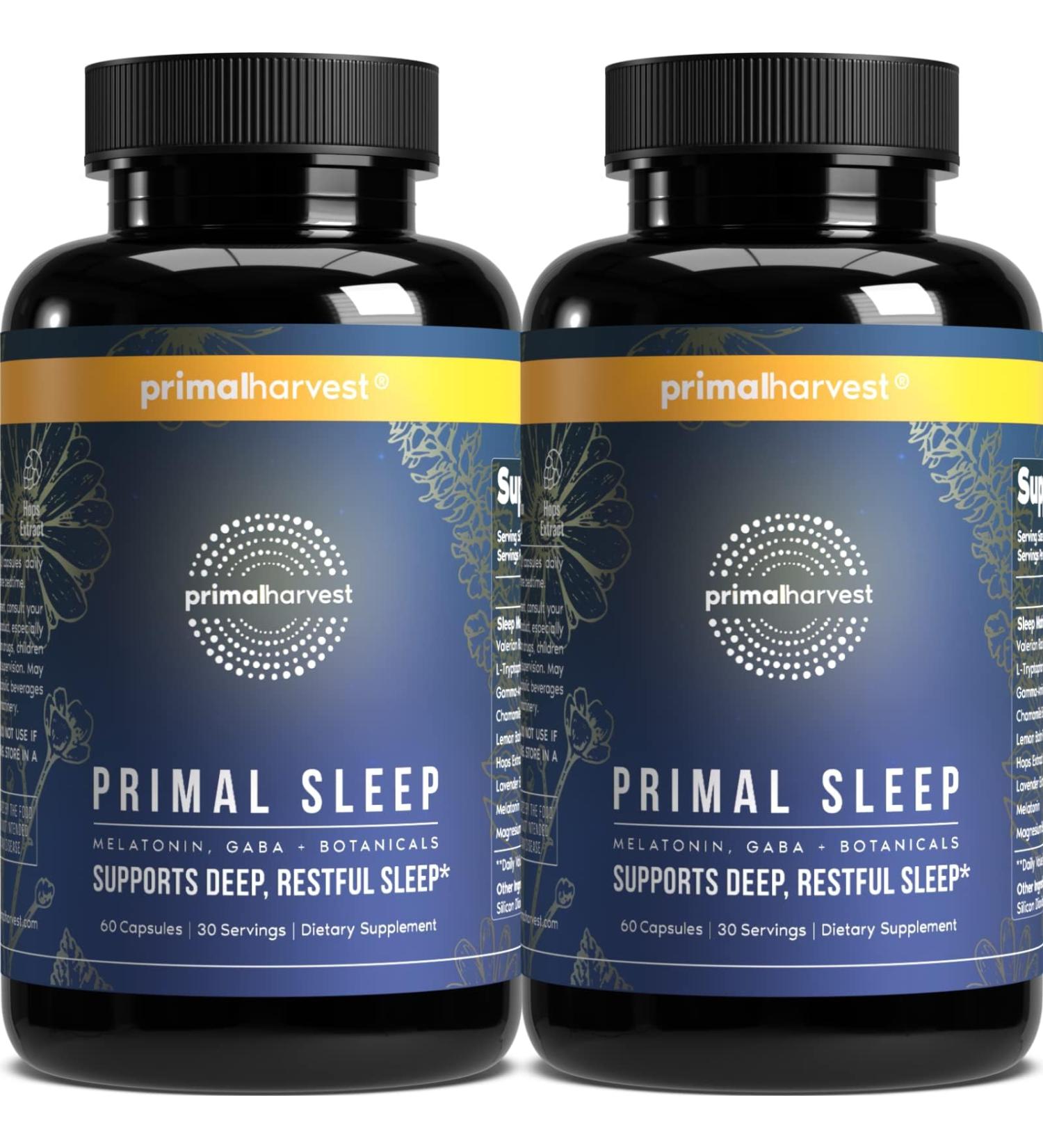 Primal Harvest 2 Pack Primal Sleep 120 Capsules with Valerian Root L-Tryptophan GABA Chamomile and Melatonin 3mg Unflavored 60 Count (Pack of 2) - Buy Online on GoSupps.com