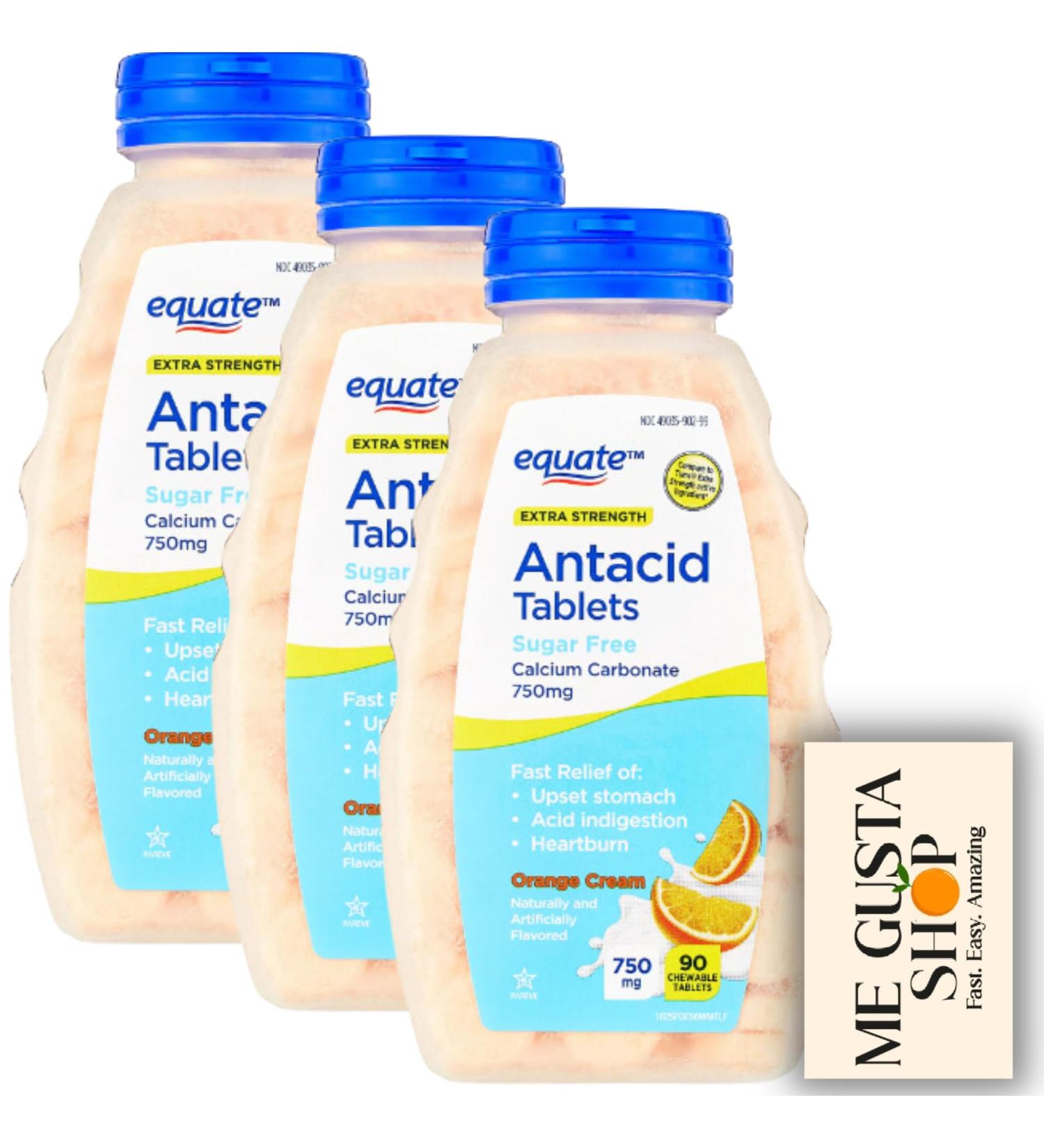 Equate Extra Strength Sugar-Free Antacid Chewable Tablets Orange Cream 750 mg 90 Count Pack of 03 Total 270 + me Gusta Sticker - Buy Online on GoSupps.com