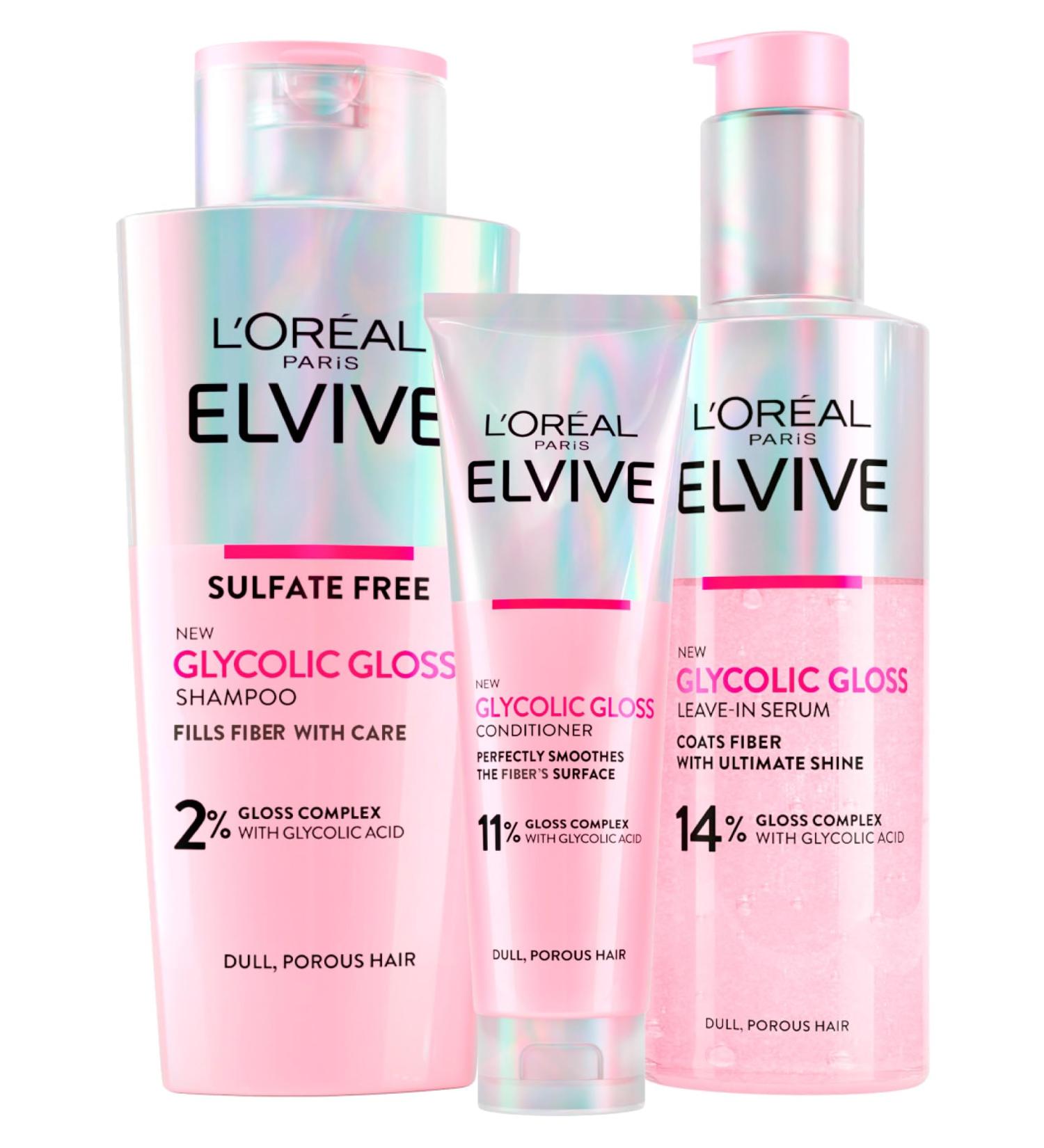 L'Or al Paris Elvive Glycolic Gloss Conditioner 150ml + Shampoo 200ml + Leave-In Serum 150ml + 5 Minute Lamination Treatment 200ml for Dull and Porous Hair - 4 Bottles - Buy Online on GoSupps.com