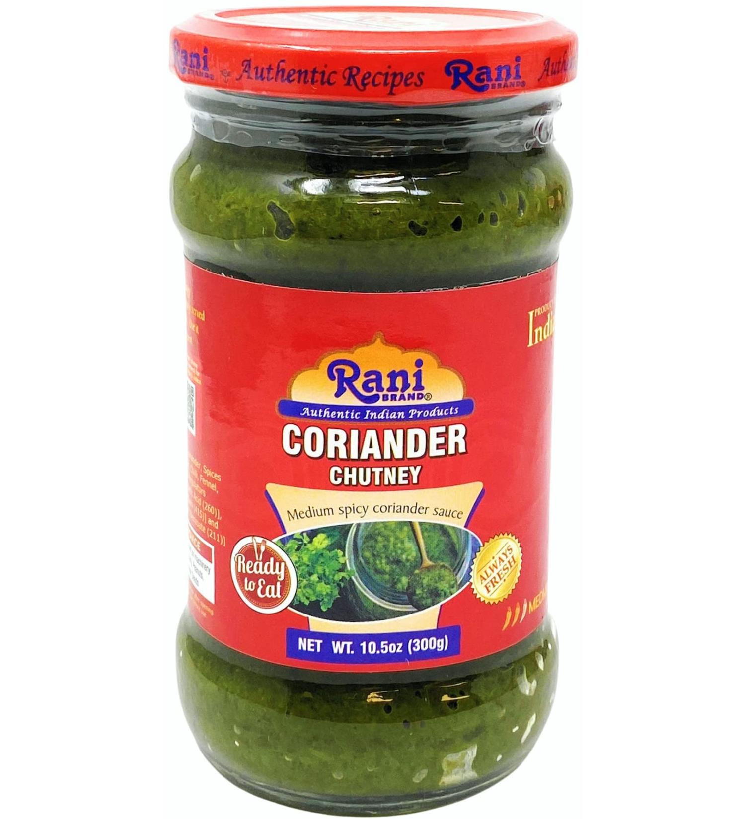 Rani Coriander Chutney 10.5oz - Ready to Eat Vegan Gluten Free Non-GMO - Indian Origin Glass Jar - 10.5 Ounce Pack - No Colors | Authentic Indian Condiment - Buy Online on GoSupps.com