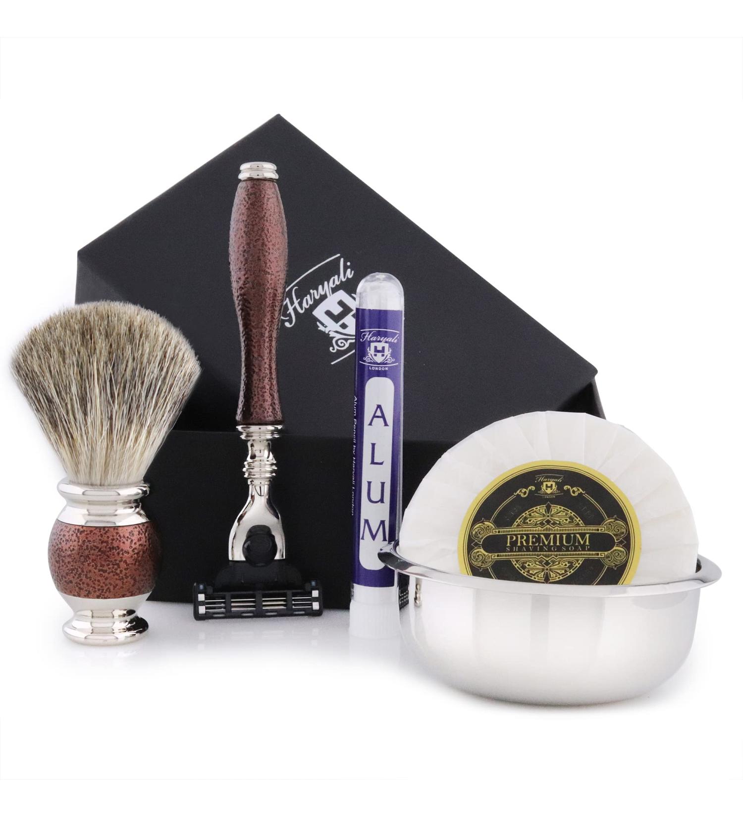 Haryali London 5-Piece Maroon Antique Shaving Kit with Black Badger Hair Brush, 3 Edge Razor, Bowl, Soap, and Alum Pencil - Ideal Men's Grooming Set - Buy Online on GoSupps.com