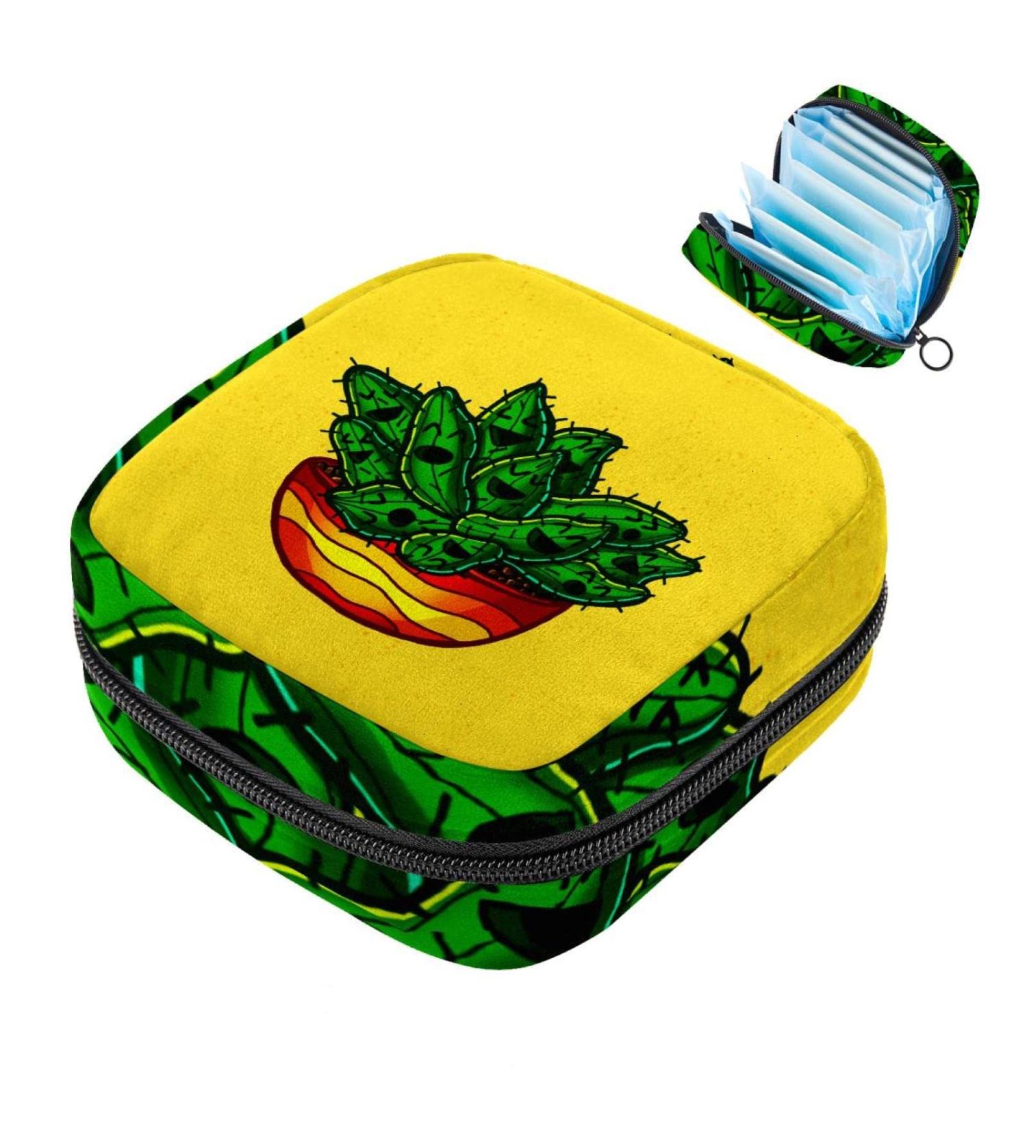 Menstrual Pad Bag with Zipper | Ladies Napkin Pouch & Tampons Collection Bag for Women & Girls - Yellow Cactus - Buy Online on GoSupps.com