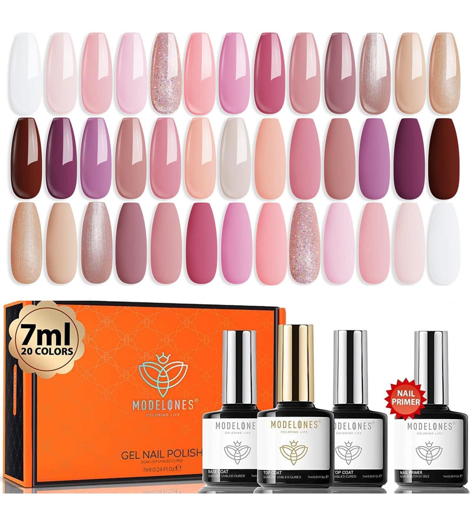 Modelones 24 Pcs Gel Nail Polish Set Pink Gel Polish Set Nude Glitter Gel Nail Polish Set with Bond Primer Glossy & Matte Top Base Coat Nail Art Manicure DIY Saon Home Gifts Brown Pink White - Buy Online on GoSupps.com