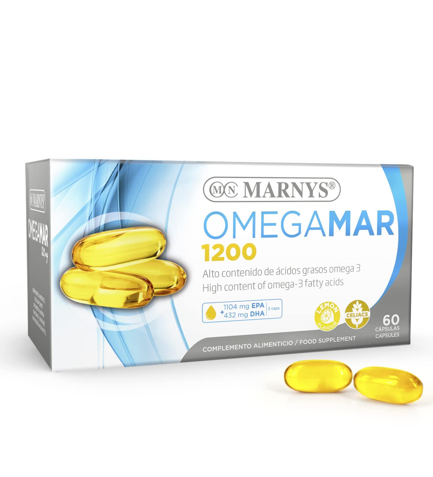 MARNYS Omega 3 DHA and EPA Omegamar 1200 contribute to normal heart function suitable for celiac patients lemon flavor 60 capsules - Buy Online on GoSupps.com