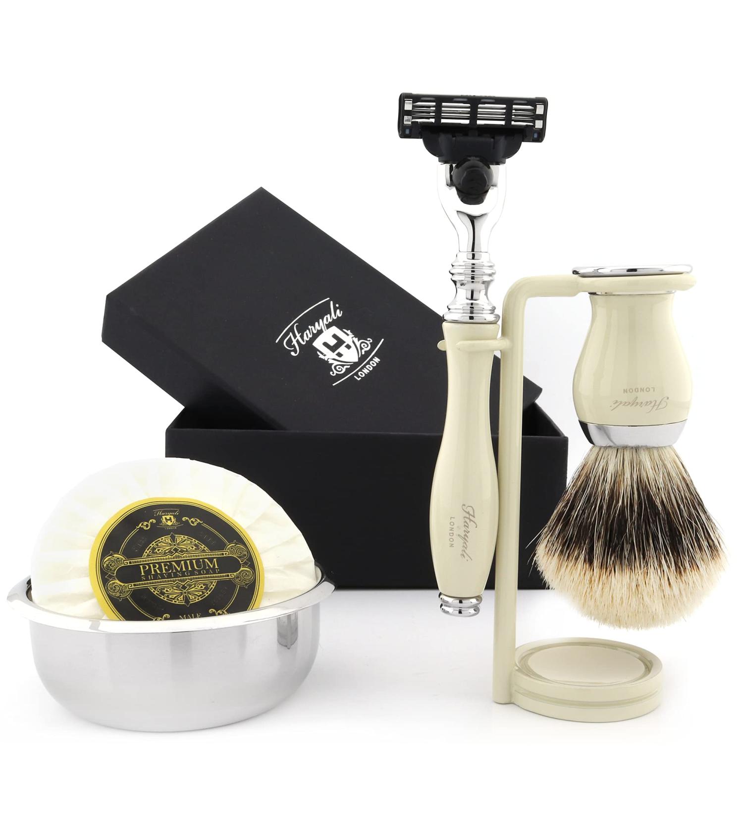 Premium Shaving Set - 3 Razor Blades Pure Badger Hair Brush Soap & Rack - Perfect Father's Day Gift - Buy Online on GoSupps.com