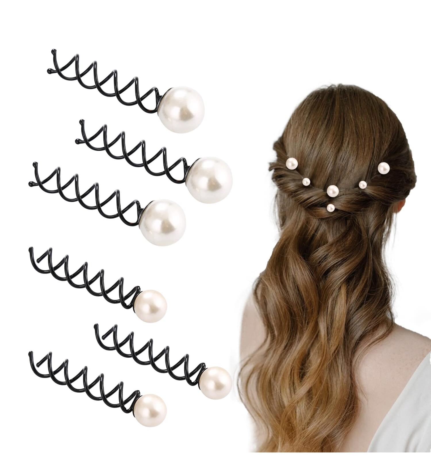 3 Pairs Lovely Artificial Pearl Spiral Hair Pins for Women - DIY Bun Hair Style - Buy Online on GoSupps.com