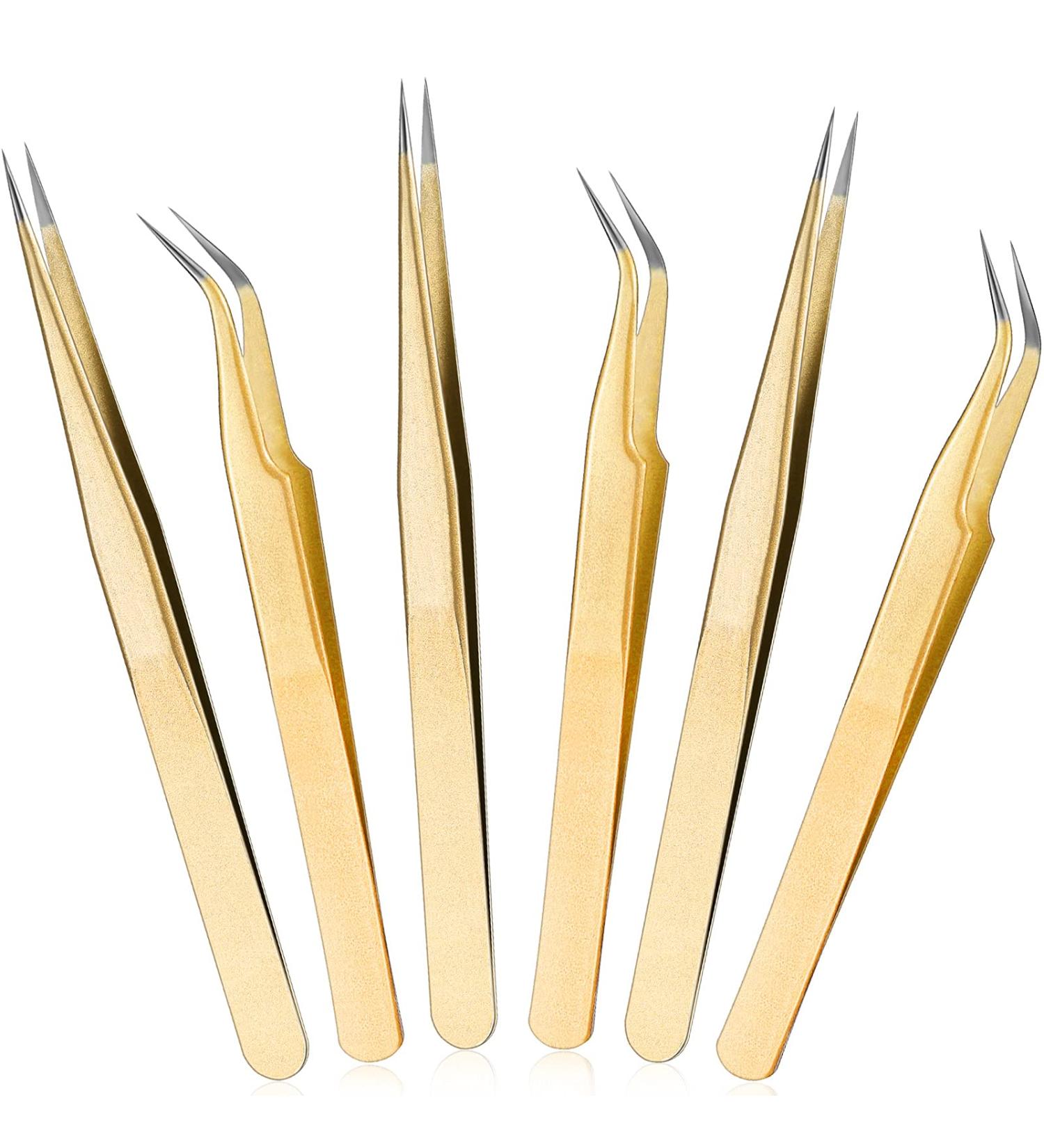 6-Piece Gold Eyelash Extension Tweezers Set - Straight and Curved Stainless Steel Nippers for False Lash Application - Volume Lash Tools - Buy Online on GoSupps.com
