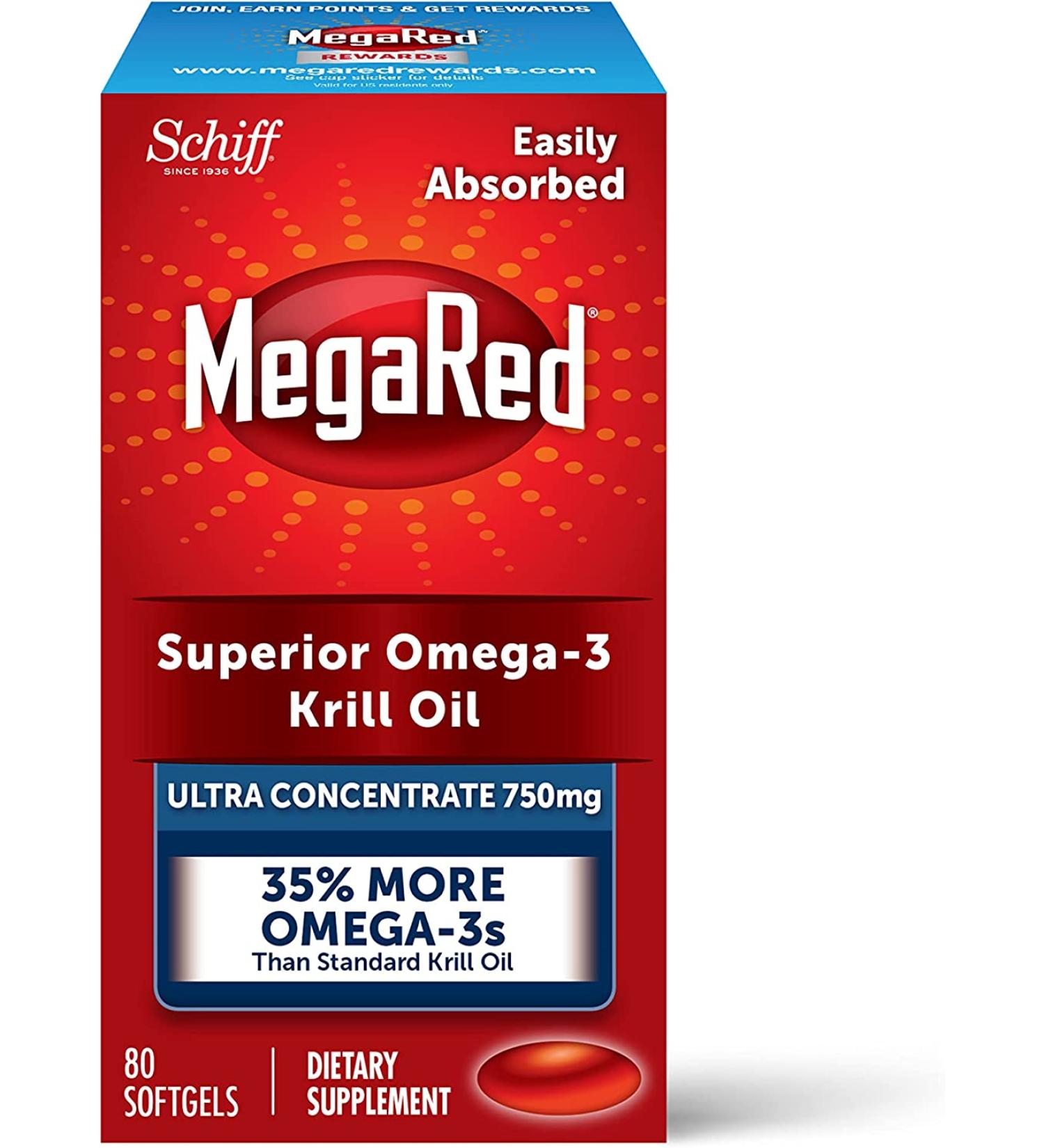 MegaRed Krill Oil 750mg Omega 3 Supplement | EPA  DHA  Astaxanthin & Phopholipids | Supports Heart  Brain  Joint  and Eye Health | No Fish Oil Aftertaste | 80 Softgels - Buy Online on GoSupps.com