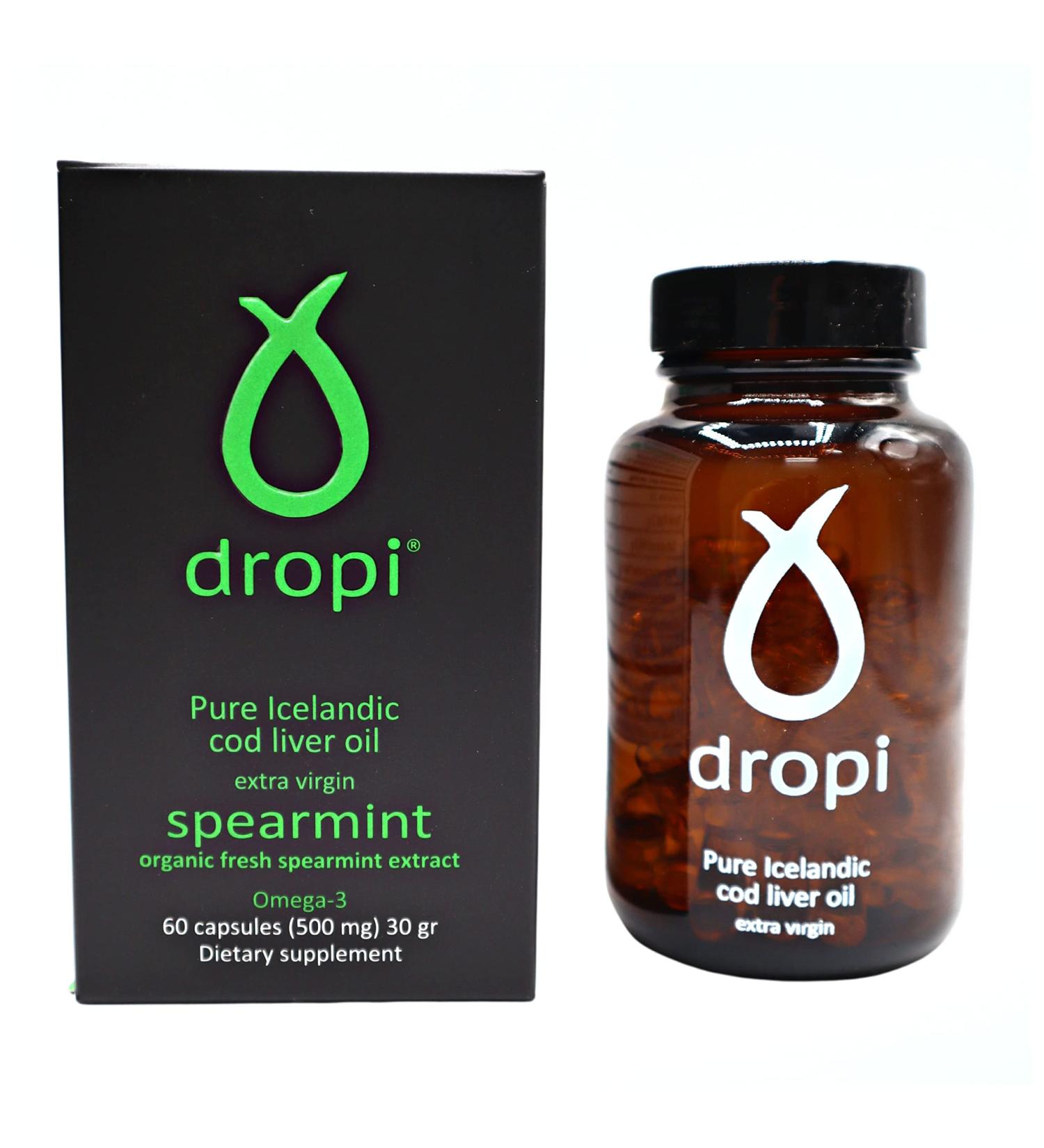 Dropi Pure Icelandic Cod Liver Oil Capsules - Extra Virgin - Organic Fresh Spearmint Extract - Cod Liver Oil Softgels Naturally Rich in Super Omega 3 Fatty Acids Vitamin A Vitamin D - 60 Ct (500mg) - Buy Online on GoSupps.com