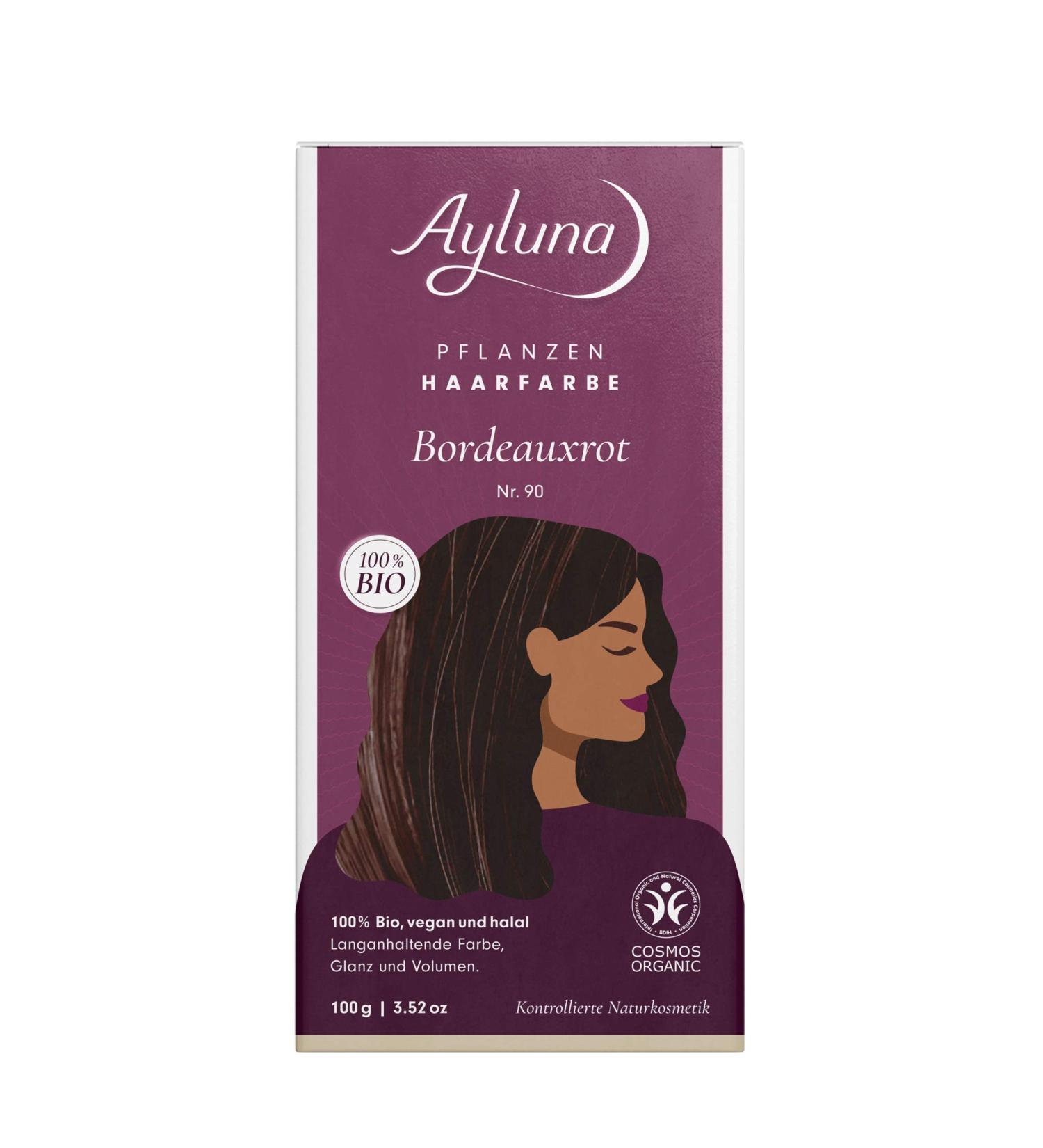 Ayluna plant hair color 90 Bordeaux red vegan hair color with henna Indian Krapp Fenugreek & Chamomile for a long -lasting color gloss & volume ammonia -free 100% gray hair cover 100g bordeaux red (1 Pack)