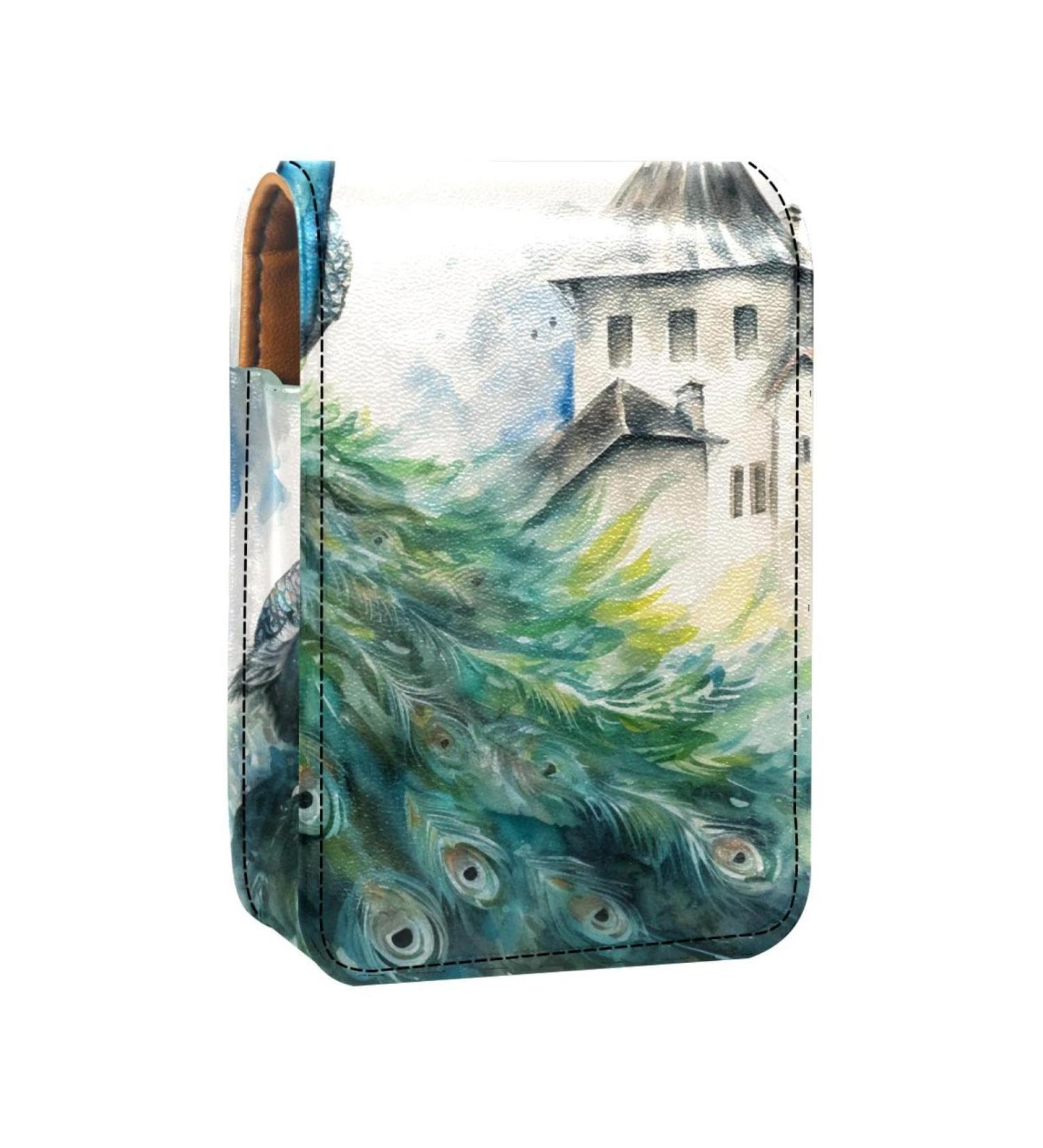 Buy Elegant Leather Lipstick Case Organizer with Mirror | Mini Lip Gloss Holder - Watercolor Abstract Peacock Design - Buy Online on GoSupps.com