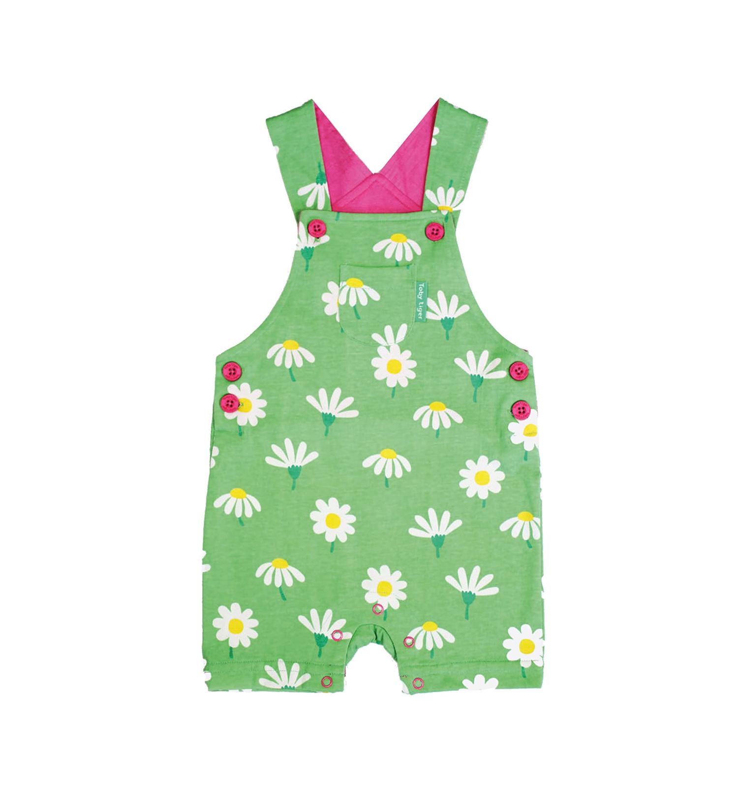 Organic Daisy Print Dungaree Shorts 2-3 Years - Toby Tiger (Green) - Buy Online on GoSupps.com