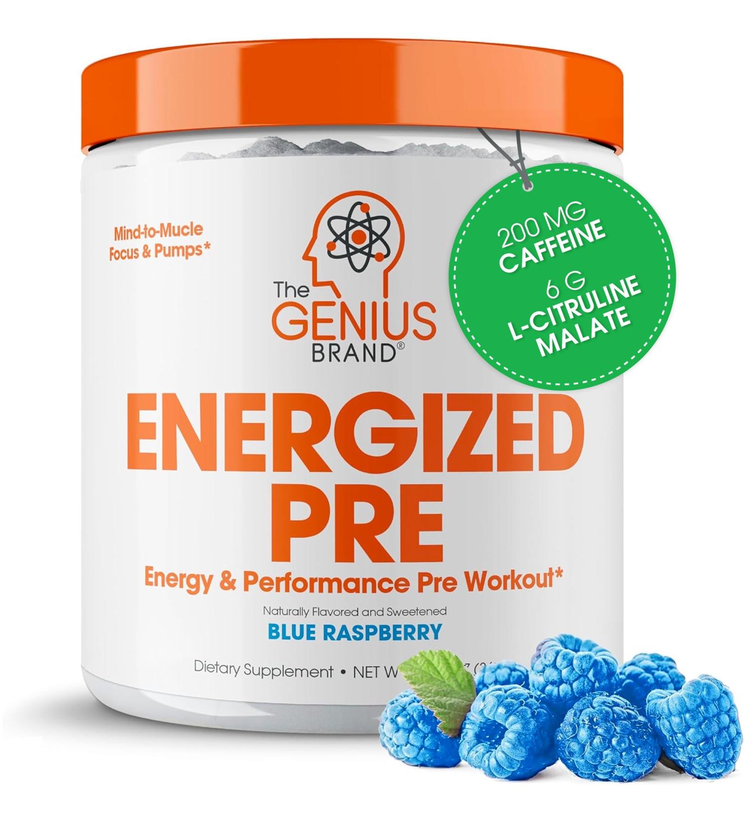 Genius Energized Pre Workout Powder Caffeine Infused Pre-Workout Booster Supplement with Beta Alanine & Alpha GPC No Artificial Sweeteners or Dyes - 200mg Caffeine 20 Servings Blue Raspberry - Buy Online on GoSupps.com