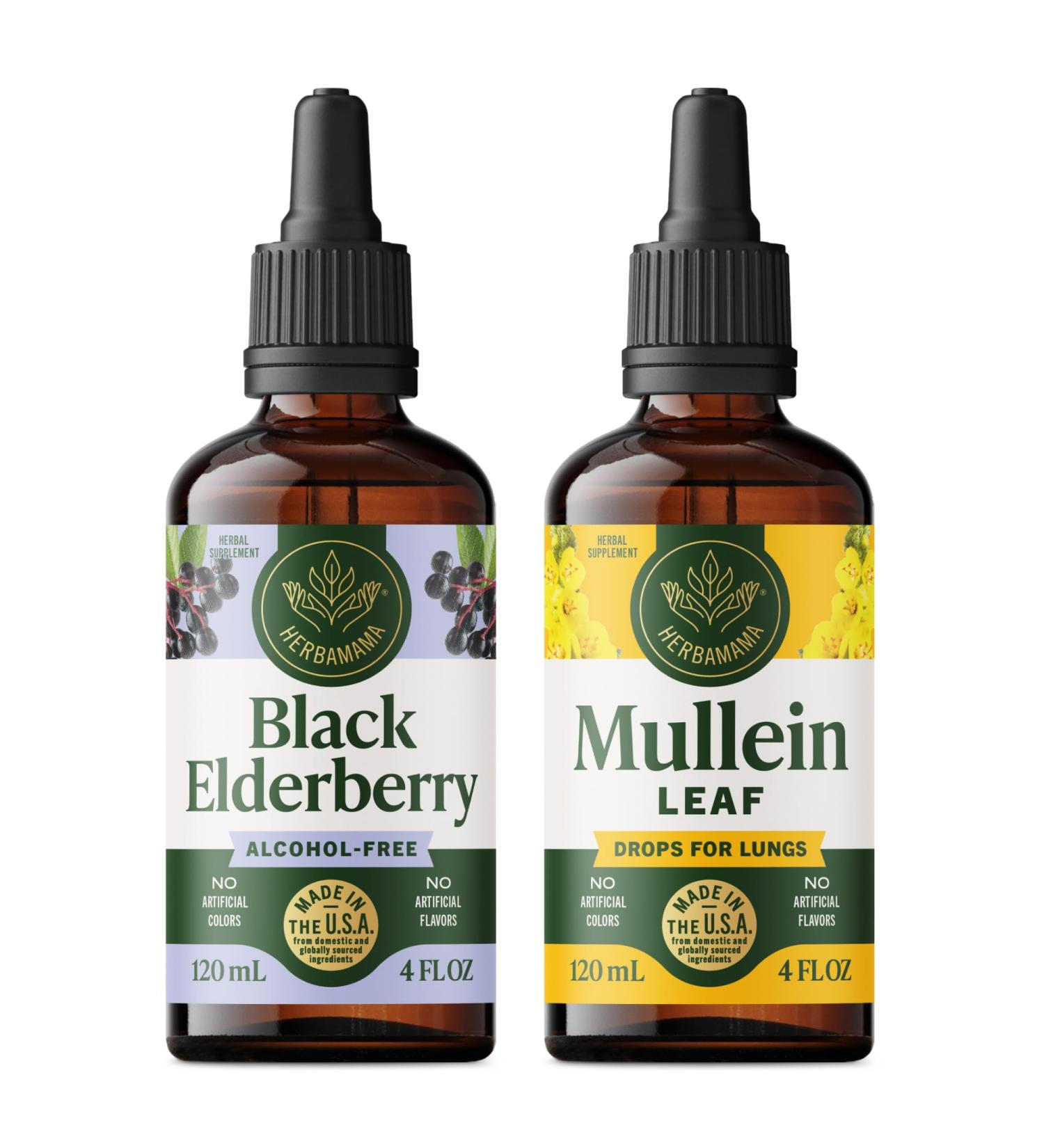 HERBAMAMA Herbal Liquid Drops Kit - Bundle of Black Elderberry Extract and Mullein Leaf Tincture 4 fl oz - Vegan Non-GMO Sugar & Alcohol-Free - 2 Pack - Buy Online on GoSupps.com