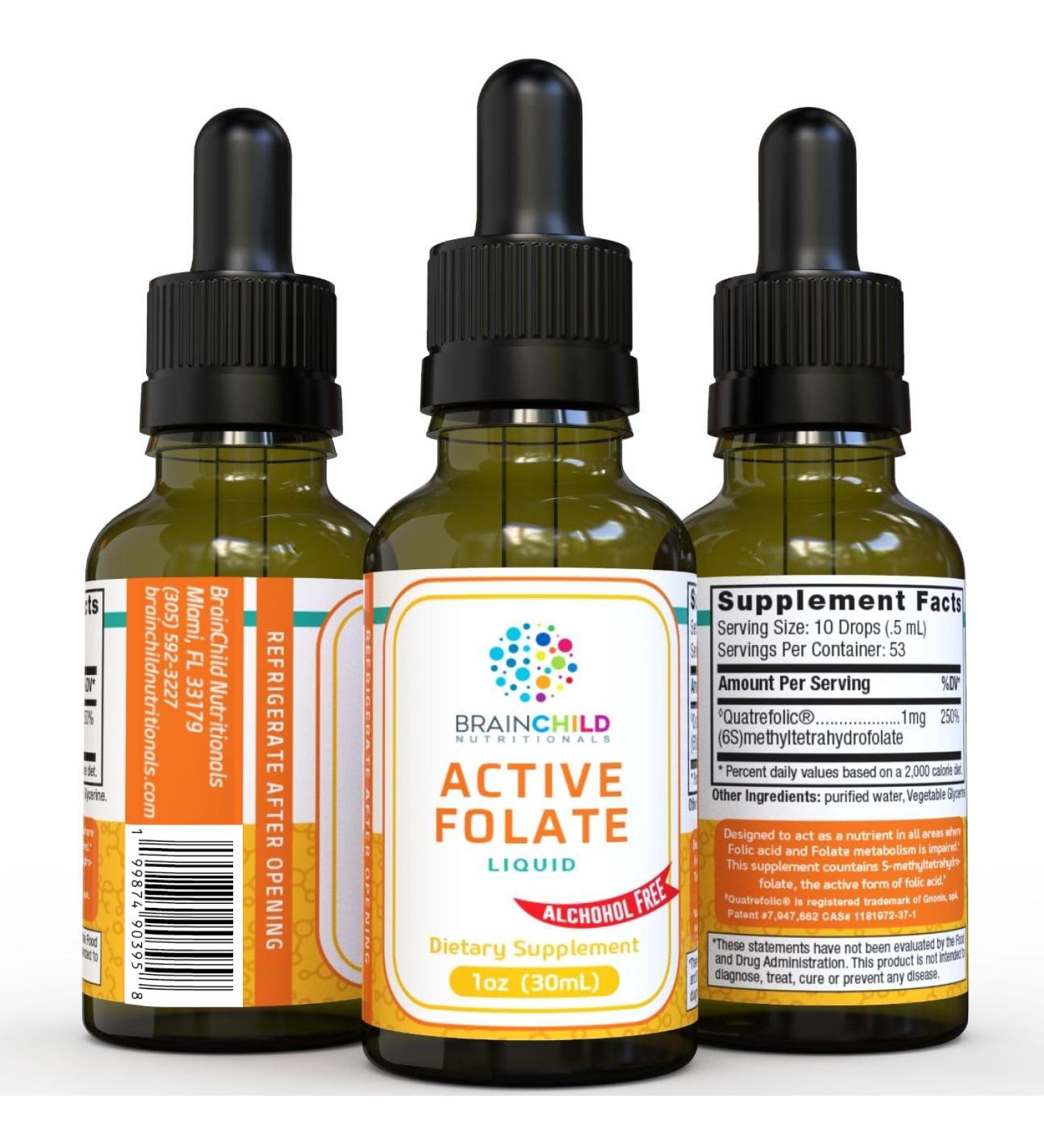 BrainChild Nutritionals Active Folate Pure Liquid Extract Supplement - L-Methylfolate for Better Absorption Improve Cellular Function Support Immune System Water Soluble B Complex 1oz