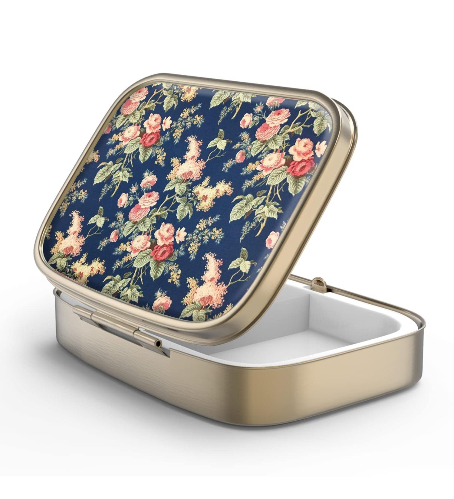 Retro Small Pill Box with Mirror - Bronze Rectangular 2 Compartment for Vitamins & Supplements | F-4 Retro Rose Floral Design - Buy Online on GoSupps.com