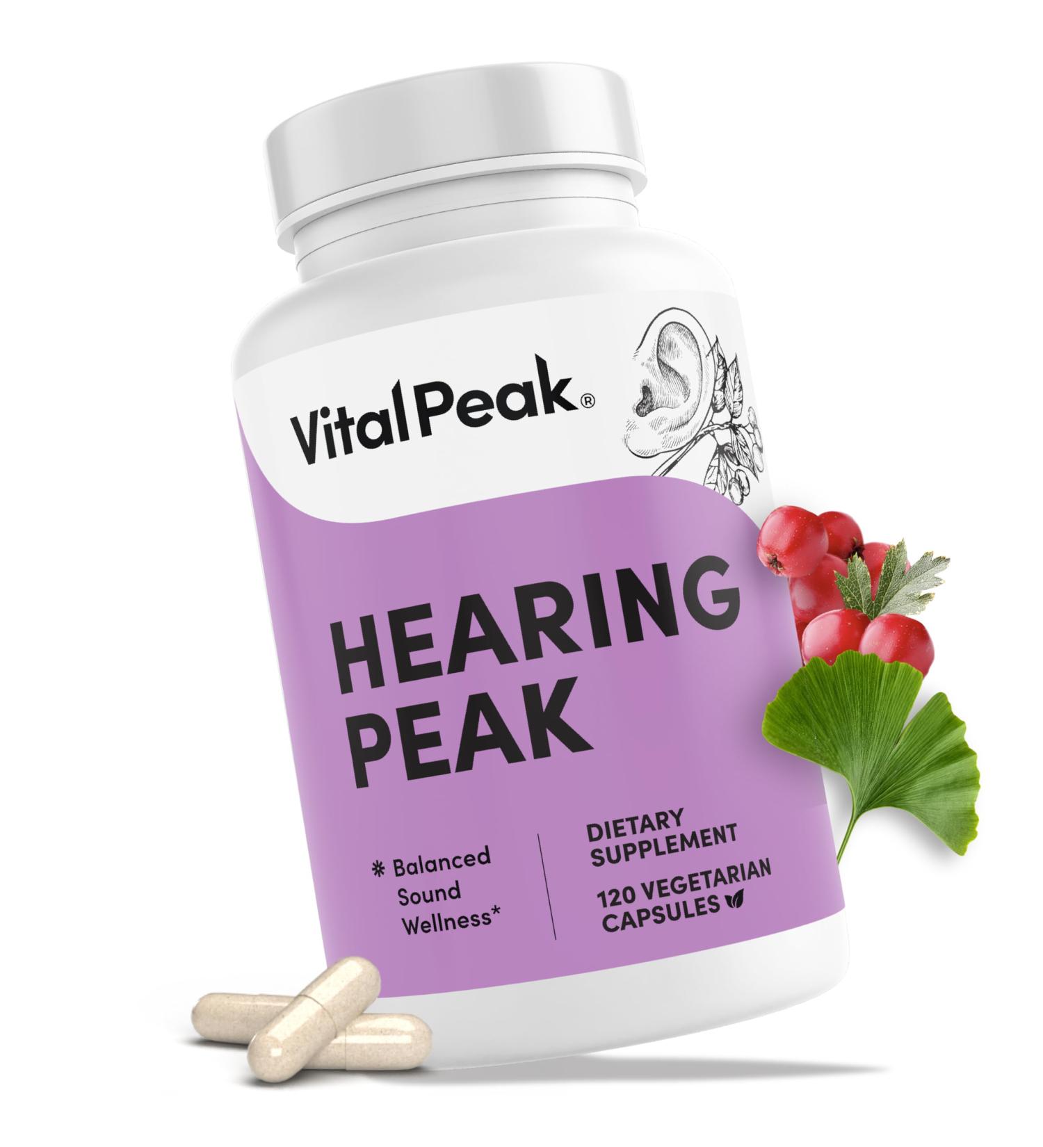 Vital Peak Hearing Peak - Tinnitus Supplements - Ear Health Supplements for Ringing Ears with Magnesium Ginkgo Biloba Green Tea Extract Niacin Acetyl L-Carnitine Vegan Gluten Free - 120 Capsules - Buy Online on GoSupps.com