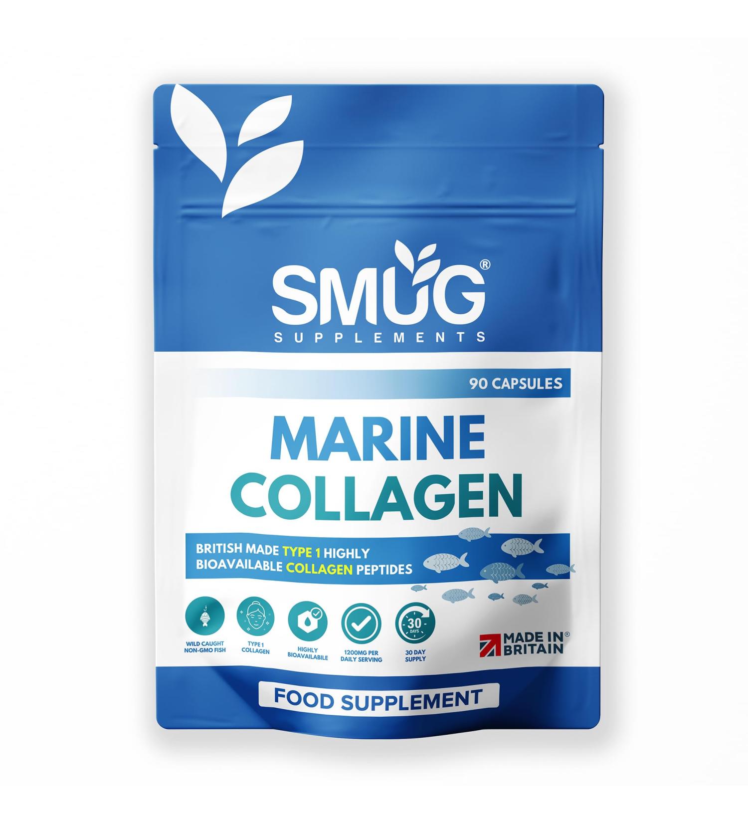 Marine Collagen British Made by SMUG Supplements - 90 Capsules - Type 1 Peptides - 1200mg Daily Serving of Collagen Powder in Three-a-Day Capsules - 30 Day Supply - Suitable for Both Men and Women - Buy Online on GoSupps.com