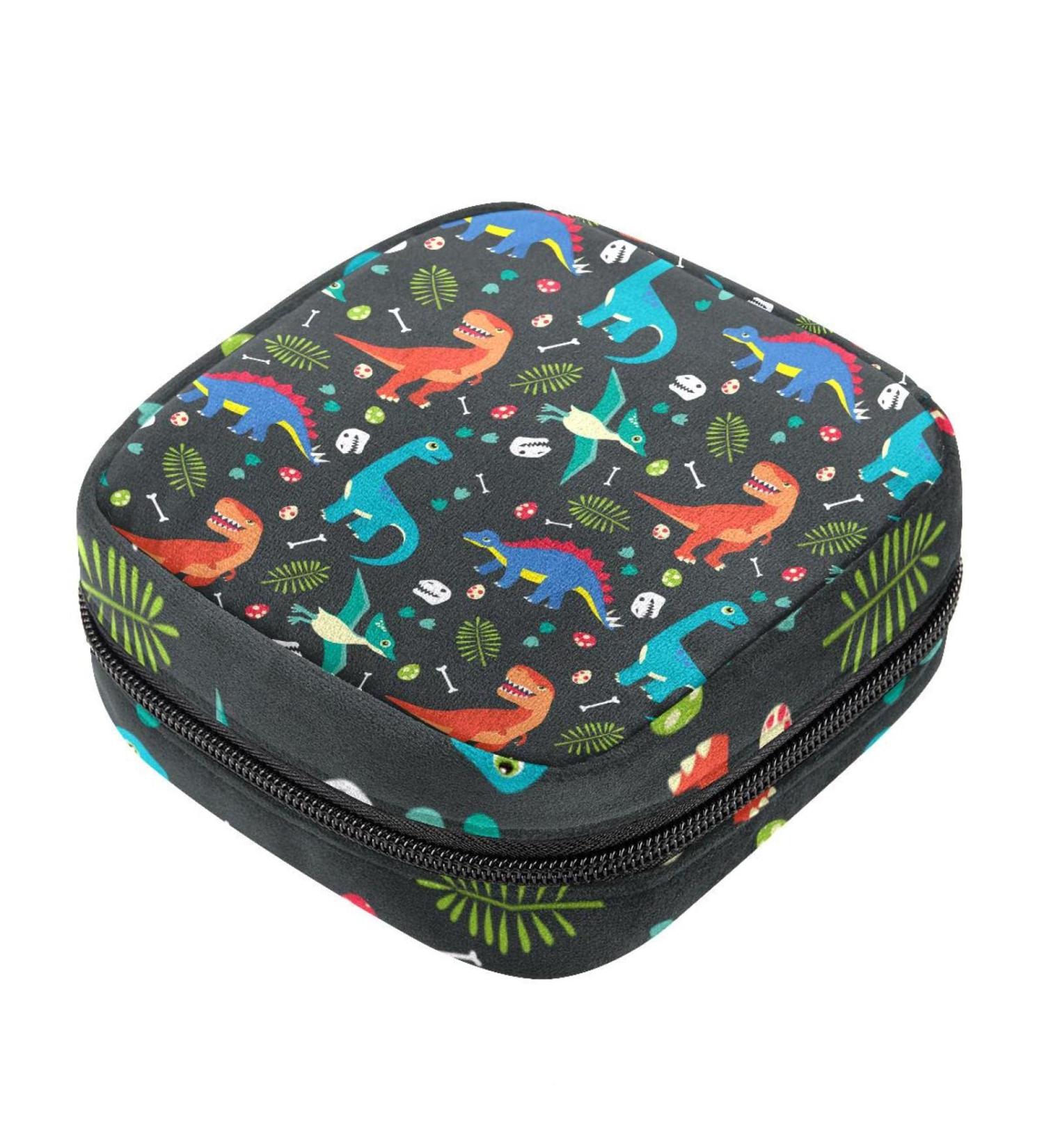 Dinosaur Print Sanitary Napkin Storage Bag | Menstrual Pad Pouch for Teen Girls & Women | Portable Nylon Oxford Cloth with Zipper | Multicoloured Design - Buy Online on GoSupps.com