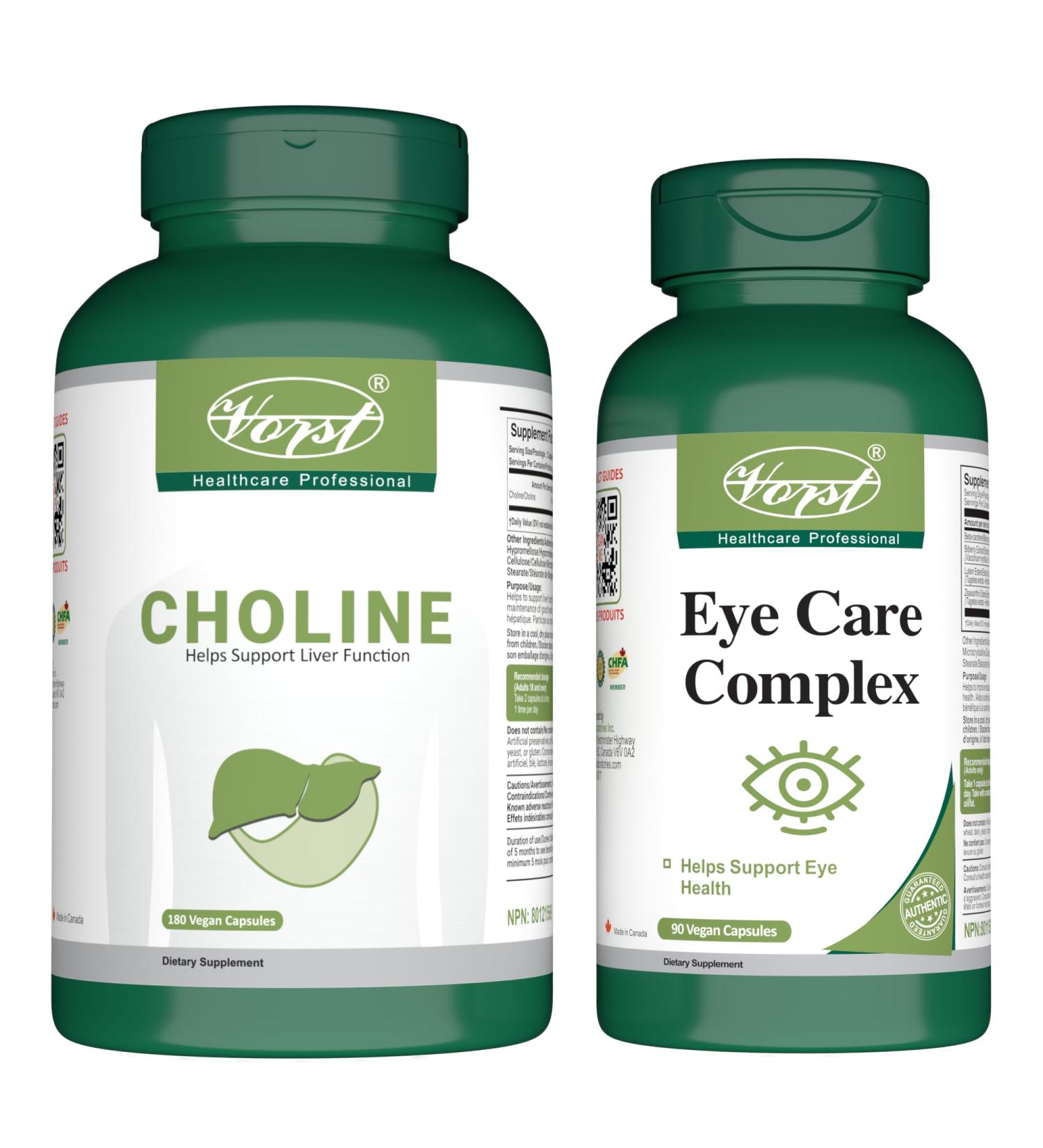 VORST Choline Bitartrate 180 Vegan Capsules and Eye Care Complex 90 Vegan Capsules (Combo Bundle 2 Bottles)