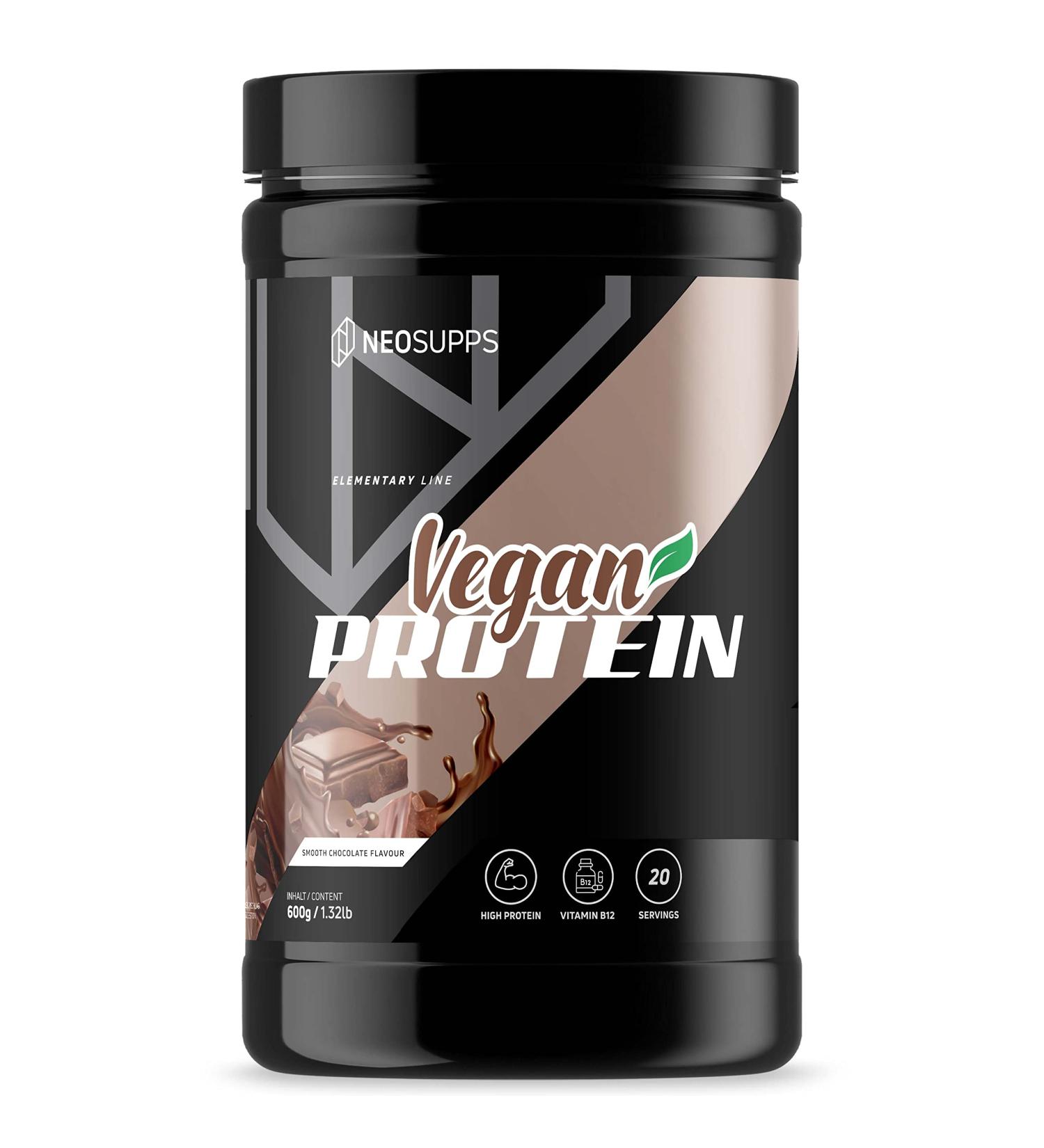 Neosupps Vegan Protein Powder - Smooth Chocolate 600g | High-Quality Pea Rice & Pumpkin Seed Protein | Enriched with Vitamin B12 & Sugar-Free Caramel - Buy Online on GoSupps.com
