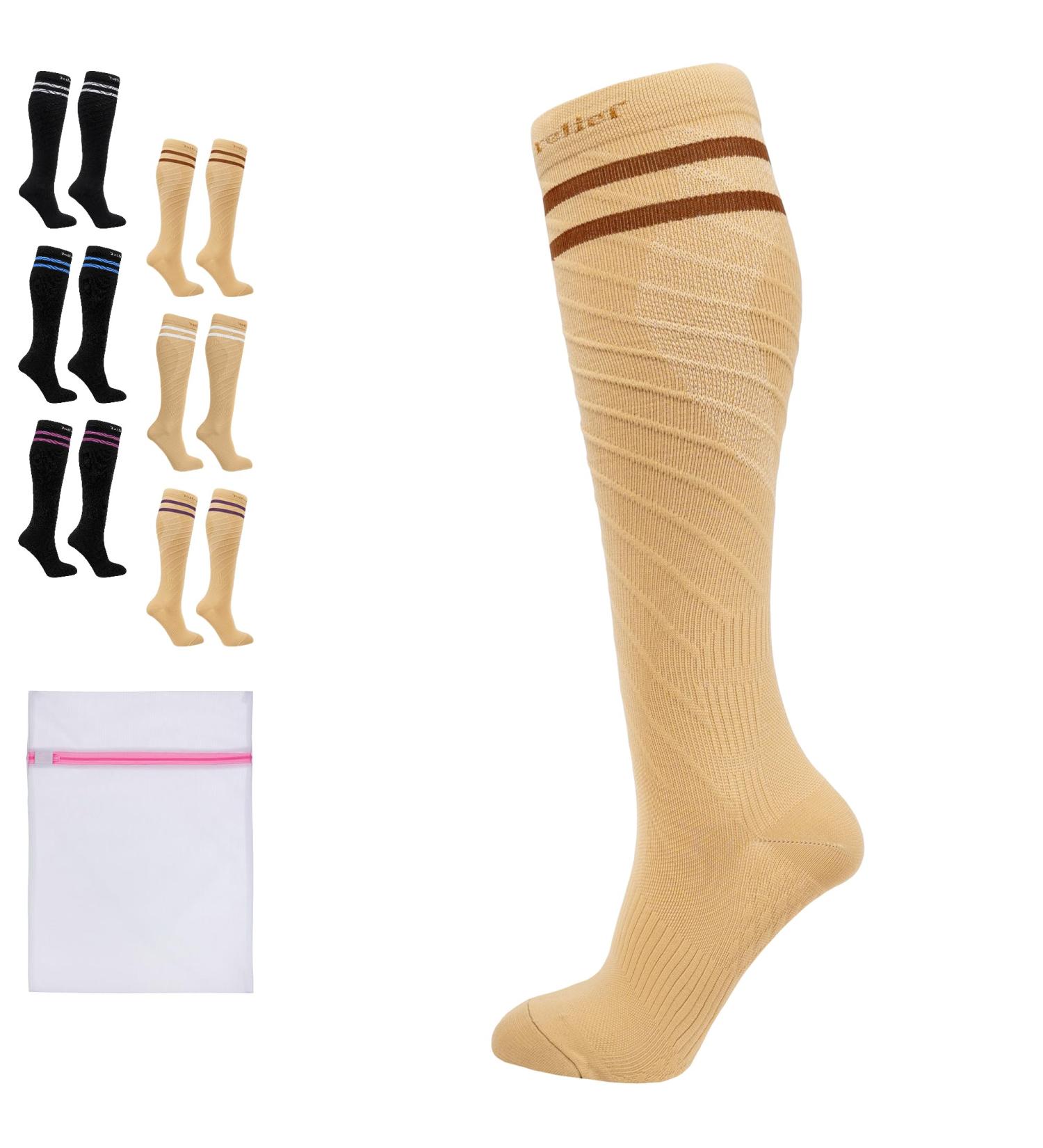 360 RELIEF - Flight Compression Socks Supports | Blood Circulation Travel Work L-XL Beige with 2 Dark brown lines - Buy Online on GoSupps.com