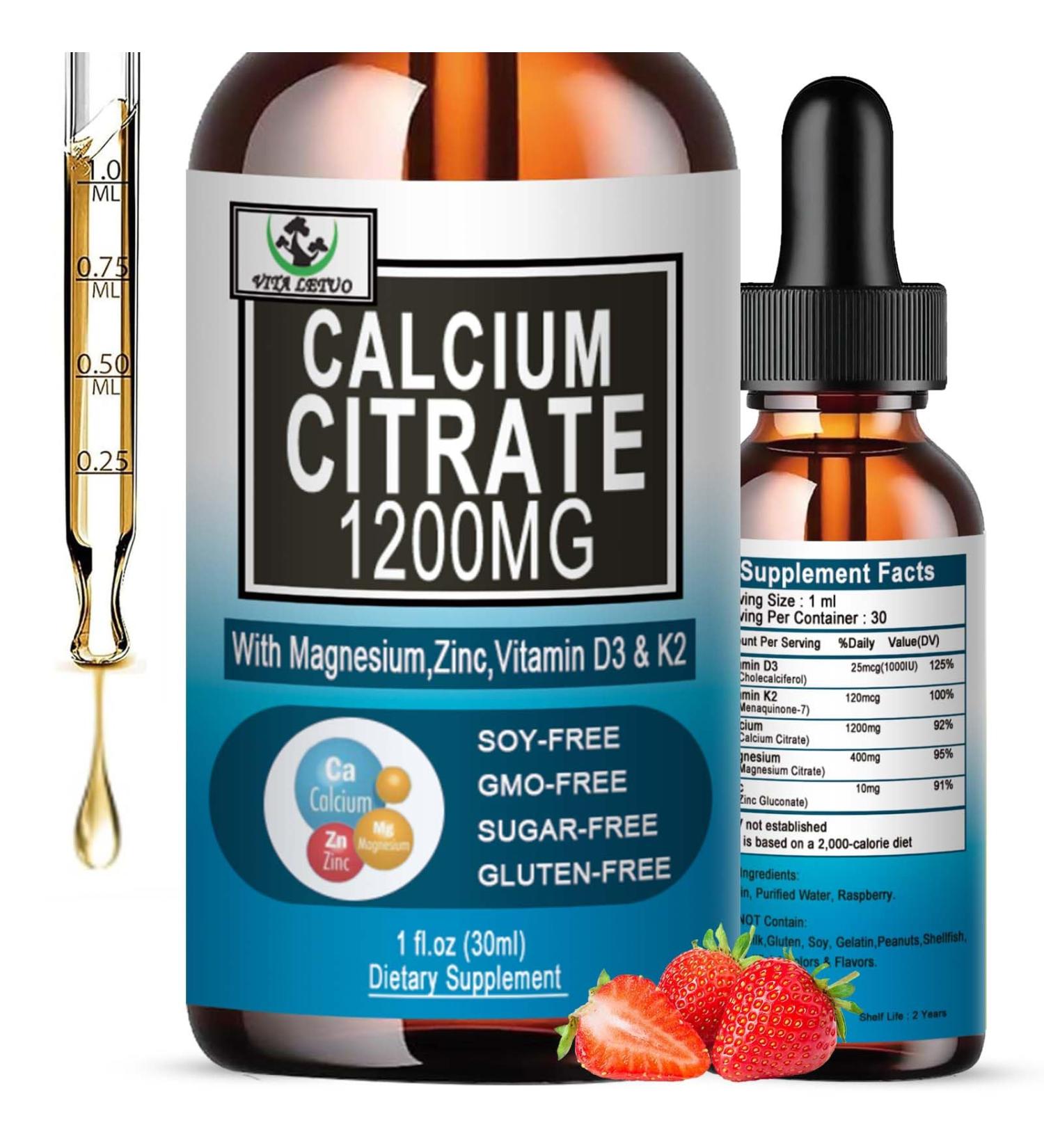 Calcium Citrate Supplement 1200mg Calcium with Vitamin D3 Drops for Bone Teeth Colon Cardiovascular Health High Absorption Liquid Calcium Magnesium Citrate 400mg Plus Zinc Vitamin K2 Vegan 30 Servings - Buy Online on GoSupps.com