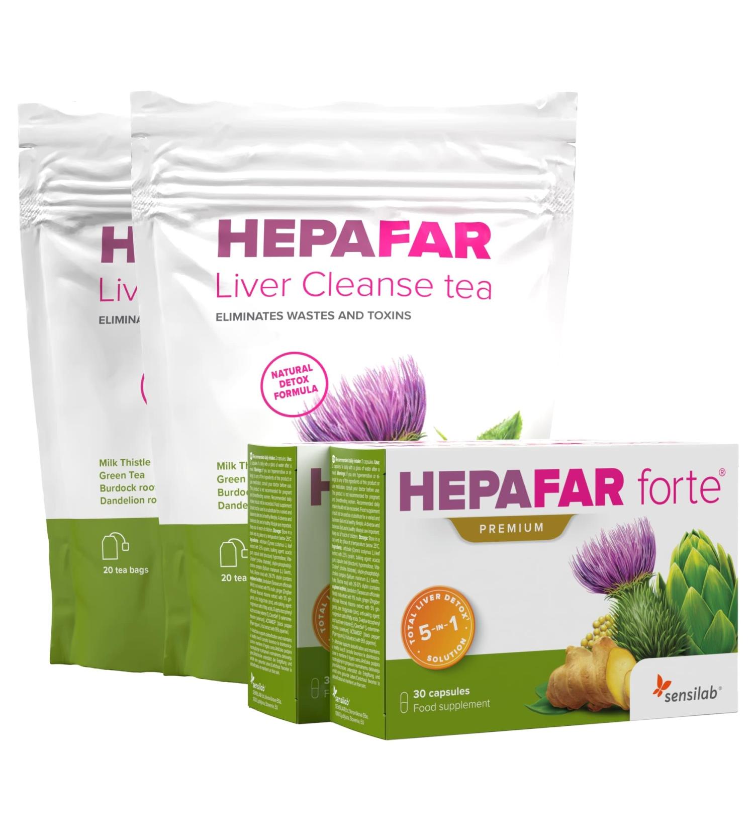 HepaFar Liver Detox Package - Milk Thistle Artichoke Green Tea | 60 Capsules & 40 Tea Bags | Advanced Detox by Sensilab - Buy Online on GoSupps.com