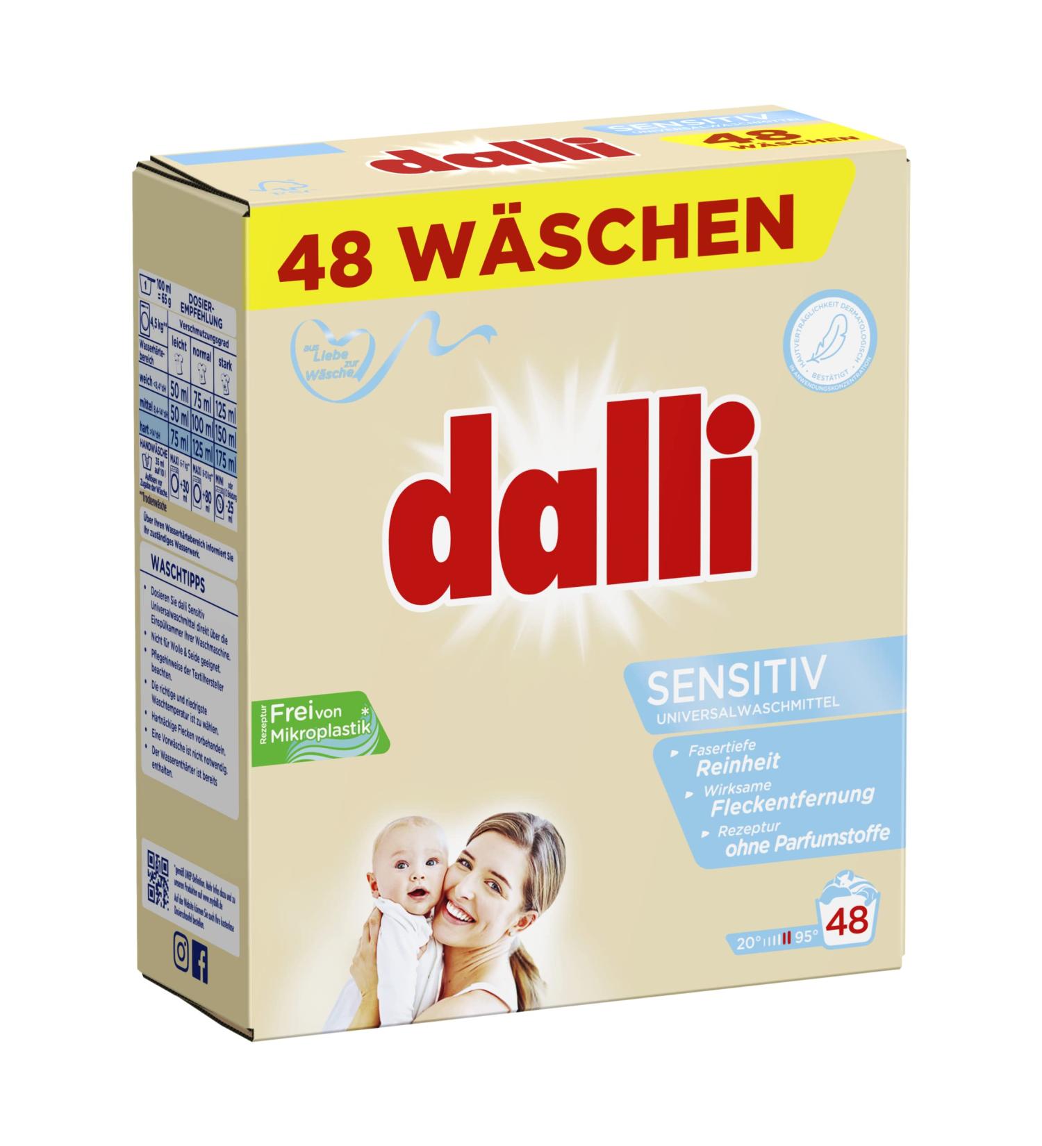 Dalli Sensitive Full-Detergent Powder - 48 Washpieces | Gentle on Skin Powerful Clean | Ideal for White Laundry | 3.12 kg - International Shipping Available - Buy Online on GoSupps.com