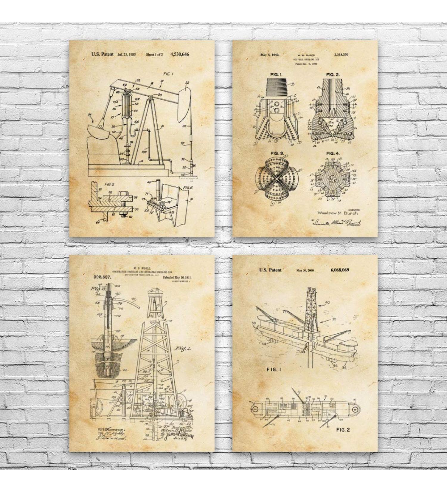 Oil Well Patent Posters Set of 4 (12x16) Energy Contractor Roughneck Gift Oil Industry Art Oil Rig Blueprint Oil Wife Gift Vintage Paper