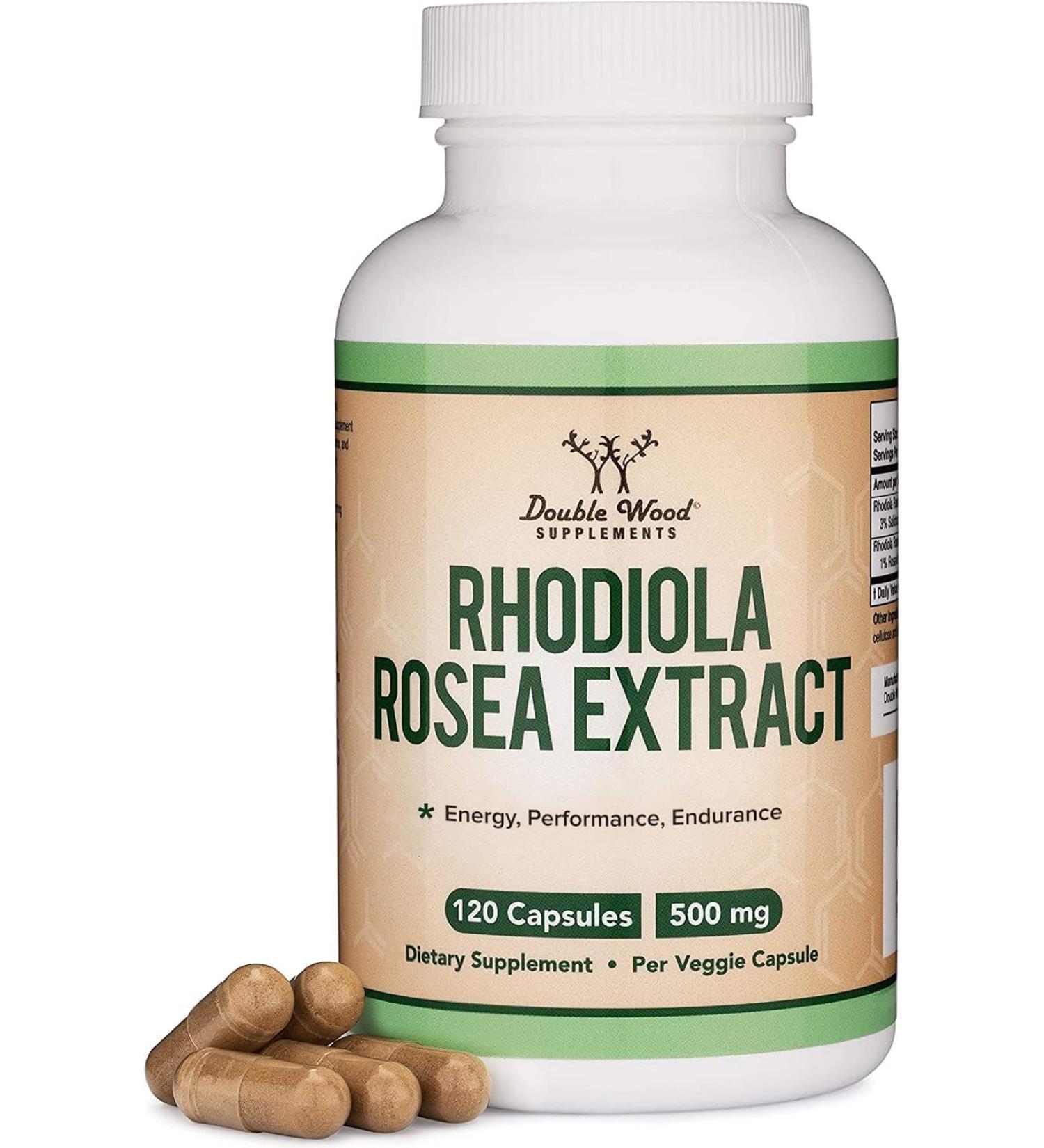 Rhodiola Rosea Supplement 500mg 120 Vegan Capsules (Third Party Test Gluten Free 3% Salidrosides 1% Rosavins Extract) for Performance Calming Motivation by Double Wood - Buy Online on GoSupps.com