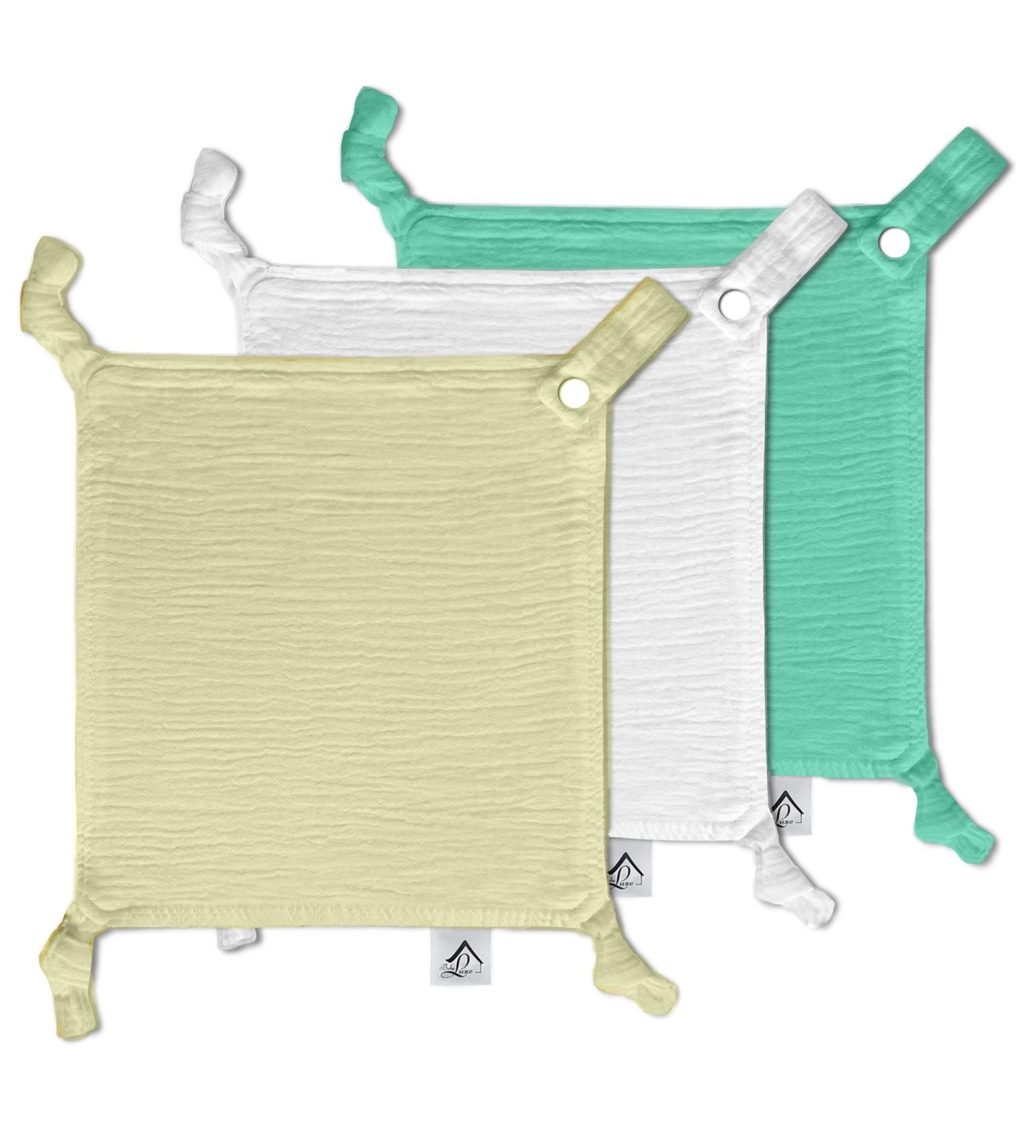 Baby Luxe 5-in-1 Mini Muslin Square Bib Toy Holder Washcloth Comforter - With Clip Attachment For Baby Bag Pacifiers Teething Toys and More (Set of 3: Yellow Mint White) 23_23_cm Yellow Mint White - Buy Online on GoSupps.com