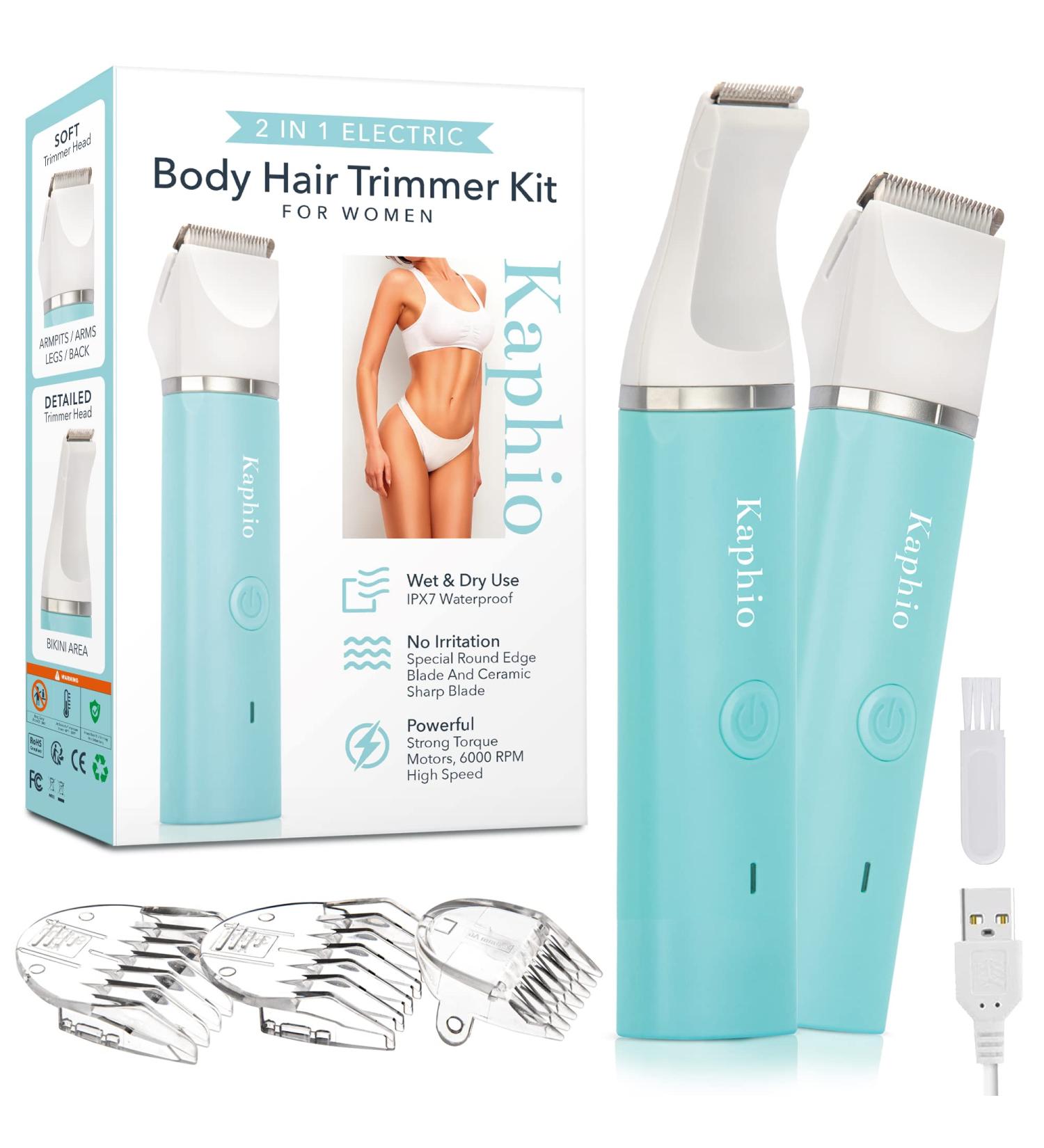 Kaphio Women's Waterproof Bikini Trimmer with 3 Guards - Rechargeable Body & Bikini Hair Clippers in Tiffany Blue - Buy Online on GoSupps.com