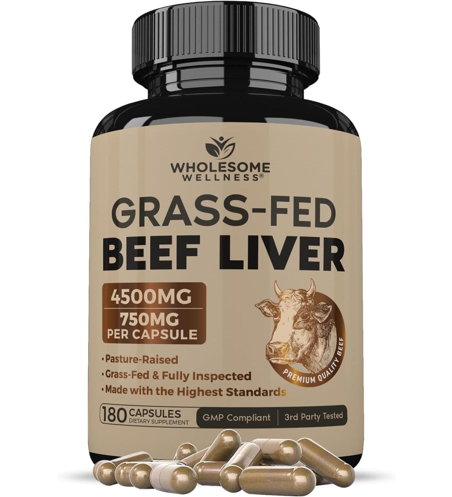 Wholesome Grass Fed Desiccated Beef Liver Capsules - 180 Count for Optimal Health - Buy Online on GoSupps.com