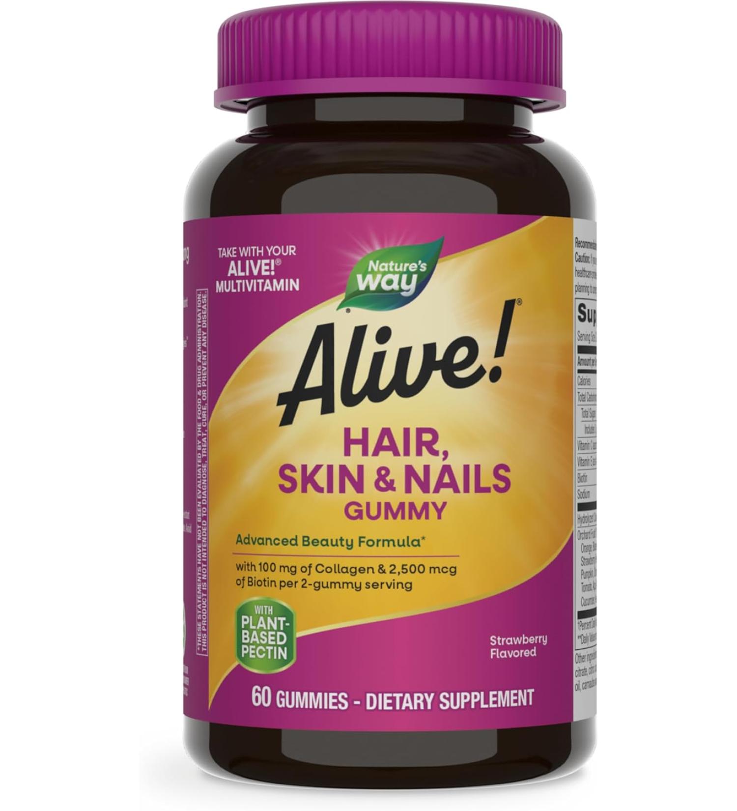 Nature's Way Alive! Hair Skin & Nails Gummies - Strawberry Flavor, 60 Count - Buy Online on GoSupps.com