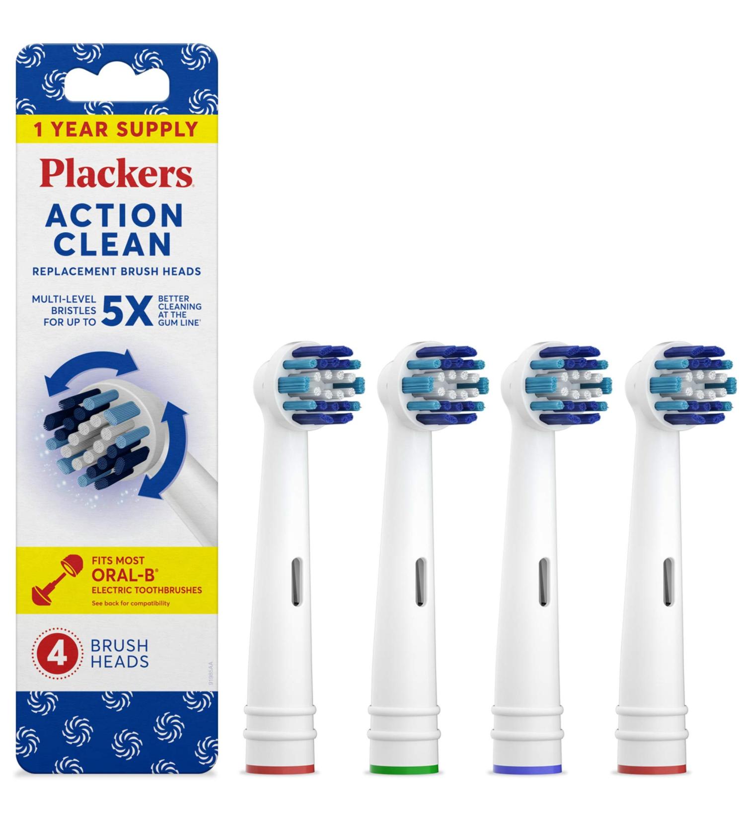 Plackers Action Clean Replacement Brush Heads - 4 Count | Fits Most Oral-B Electric Toothbrushes - Buy Online on GoSupps.com