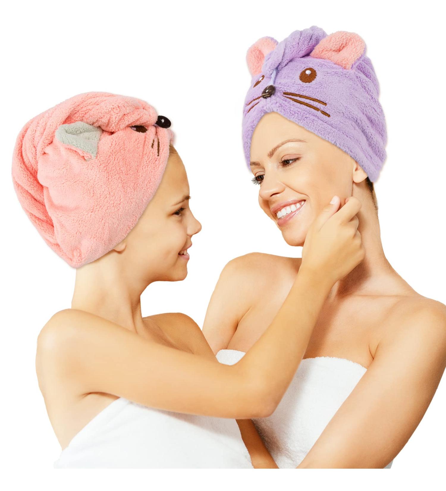 Whaline 2 Pack Parent-Child Quick Dry Hair Towel Set - Cute Mouse Design - Super Absorbent Cotton Hair Turban Wraps - Perfect for Women & Kids with Curly, Long, or Thick Hair - Purple Pink - Buy Online on GoSupps.com