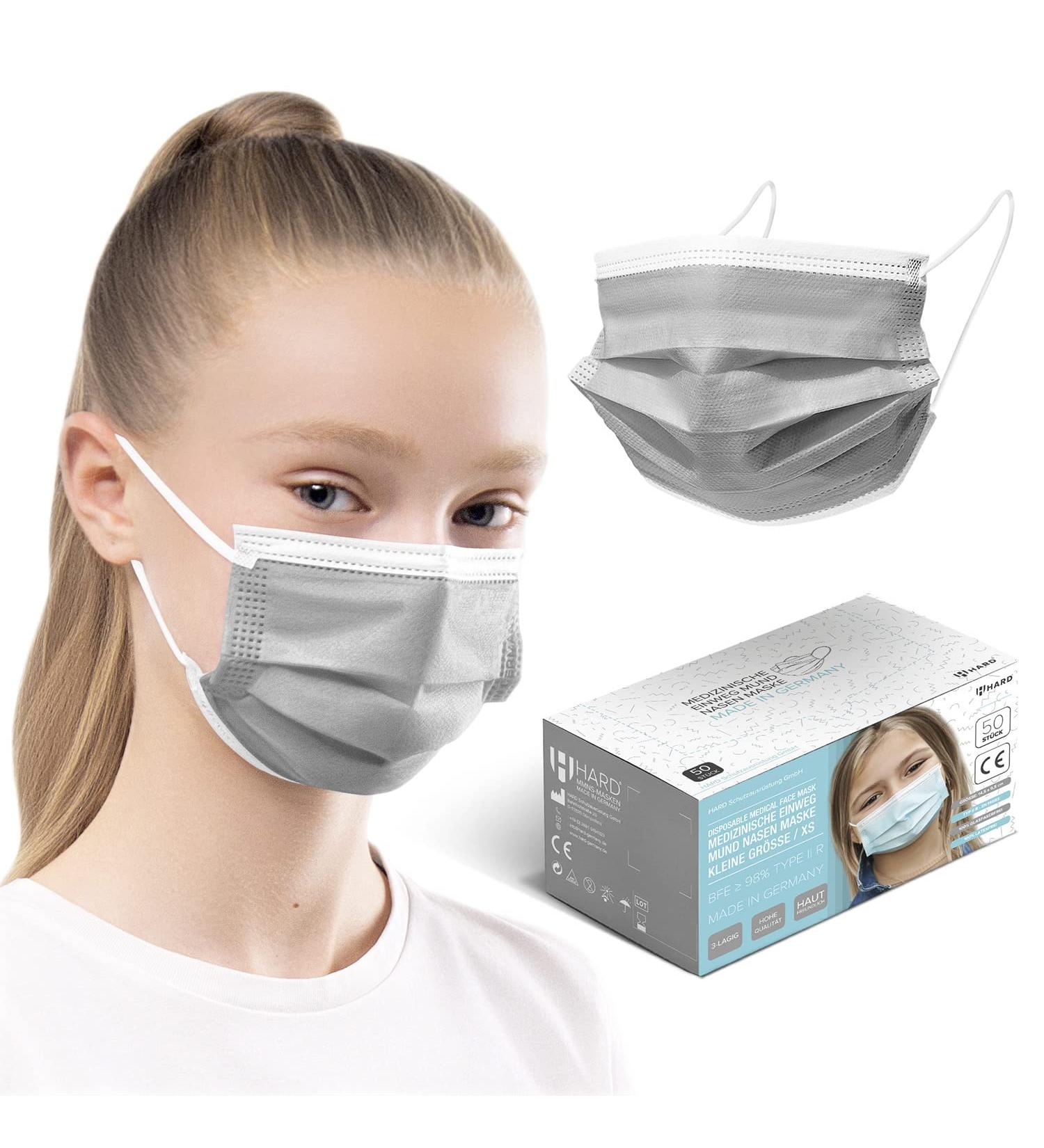 50 Small Size Disposable Face Masks - Made in Germany | Type IIR & CE Certified | Triple Layer Filtration 99.78% | Elastic Earloops | Breathable Mouth Cover - Grey - Buy Online on GoSupps.com