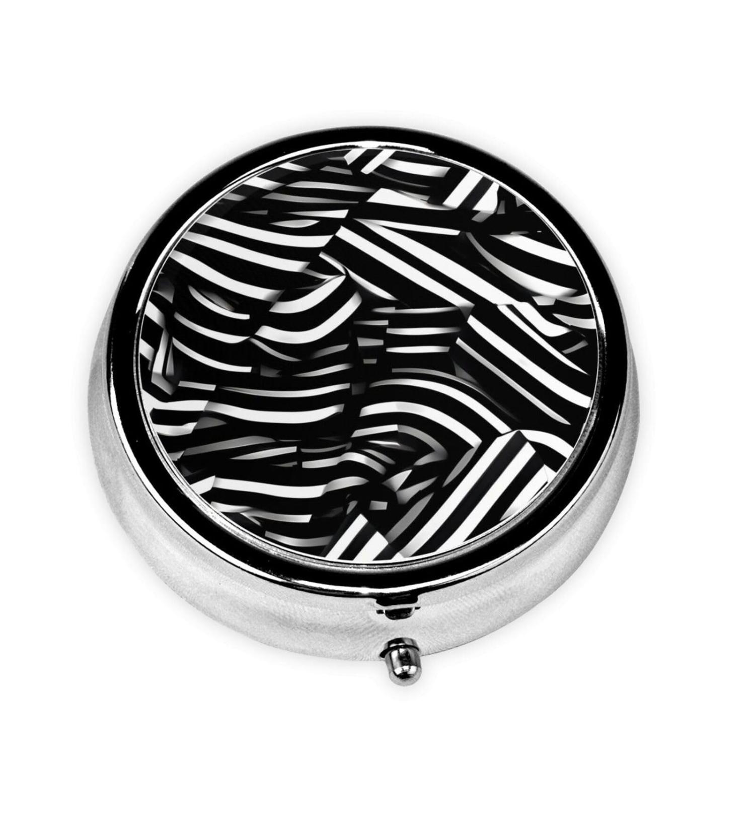Black and White Lines Round Pill Box | 3 Compartment Portable Travel Organizer for Pills - Buy Online on GoSupps.com