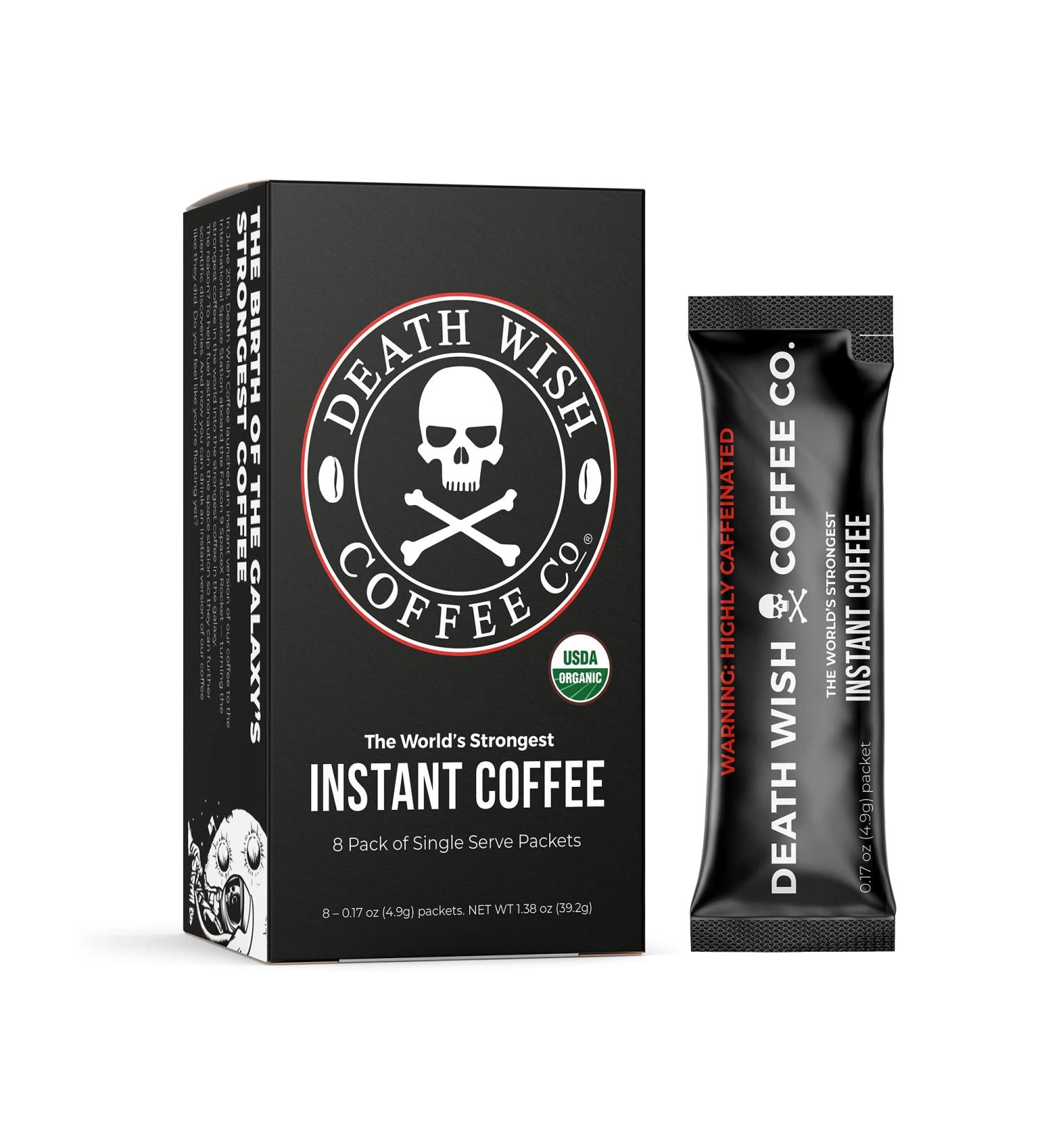 Death Wish Coffee Instant Dark Roast - 8 Single Serve Packets | USDA Organic Blend of Arabica & Robusta with 300mg Caffeine | World's Strongest Coffee - Bold & Intense - Buy Online on GoSupps.com