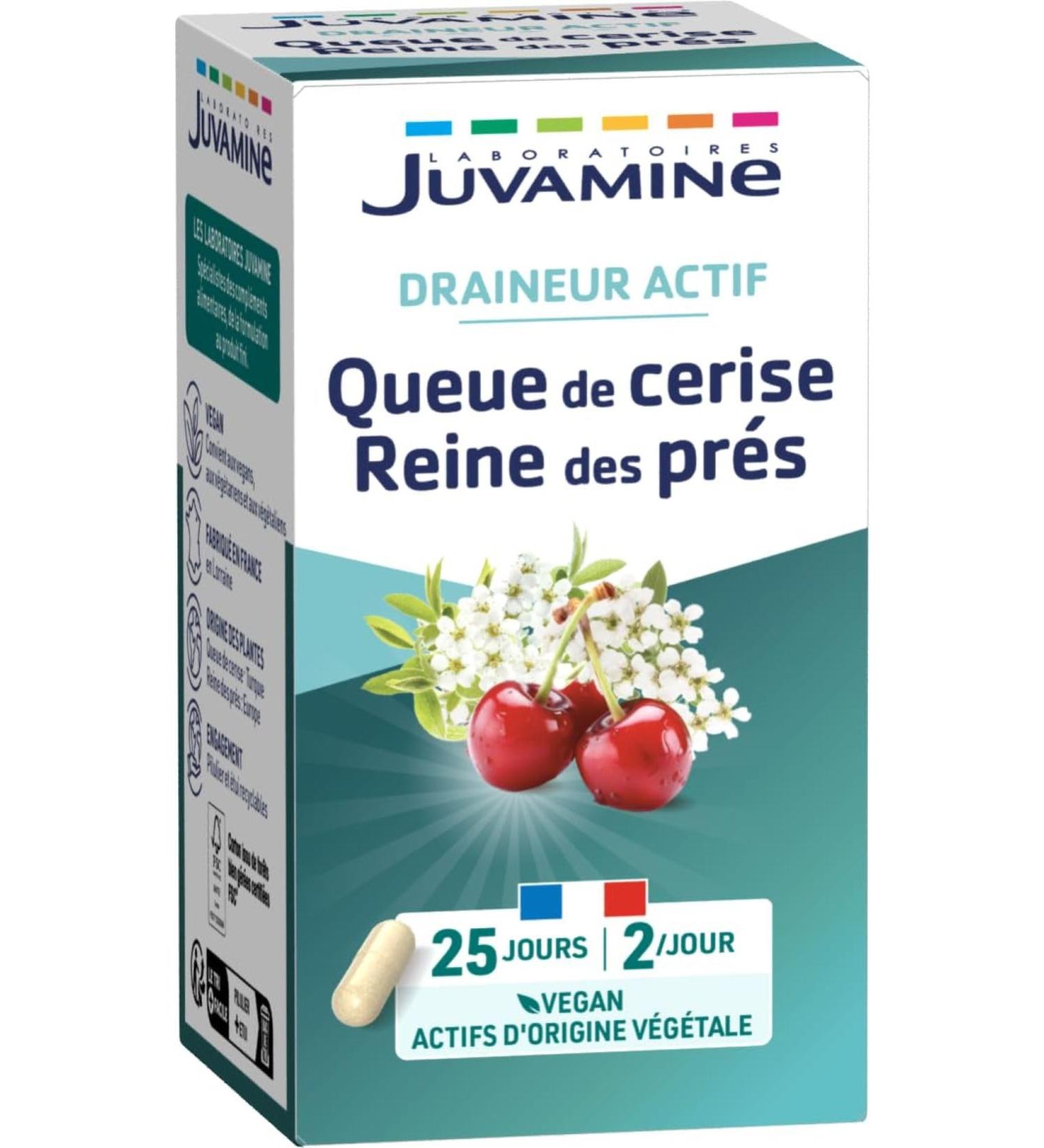 JUVAMINE - Active Drainer - Cherry Tail and Meadowsweet - Promotes Kidney Elimination of Water - 50 capsules of plant origin - Buy Online on GoSupps.com