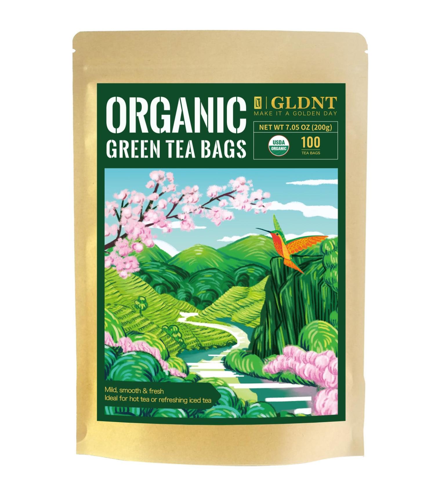 GLDNT Organic Green Tea Bags Natural Pure Organic Green Tea Super Antioxidant Caffeinated 100 Count - Buy Online on GoSupps.com