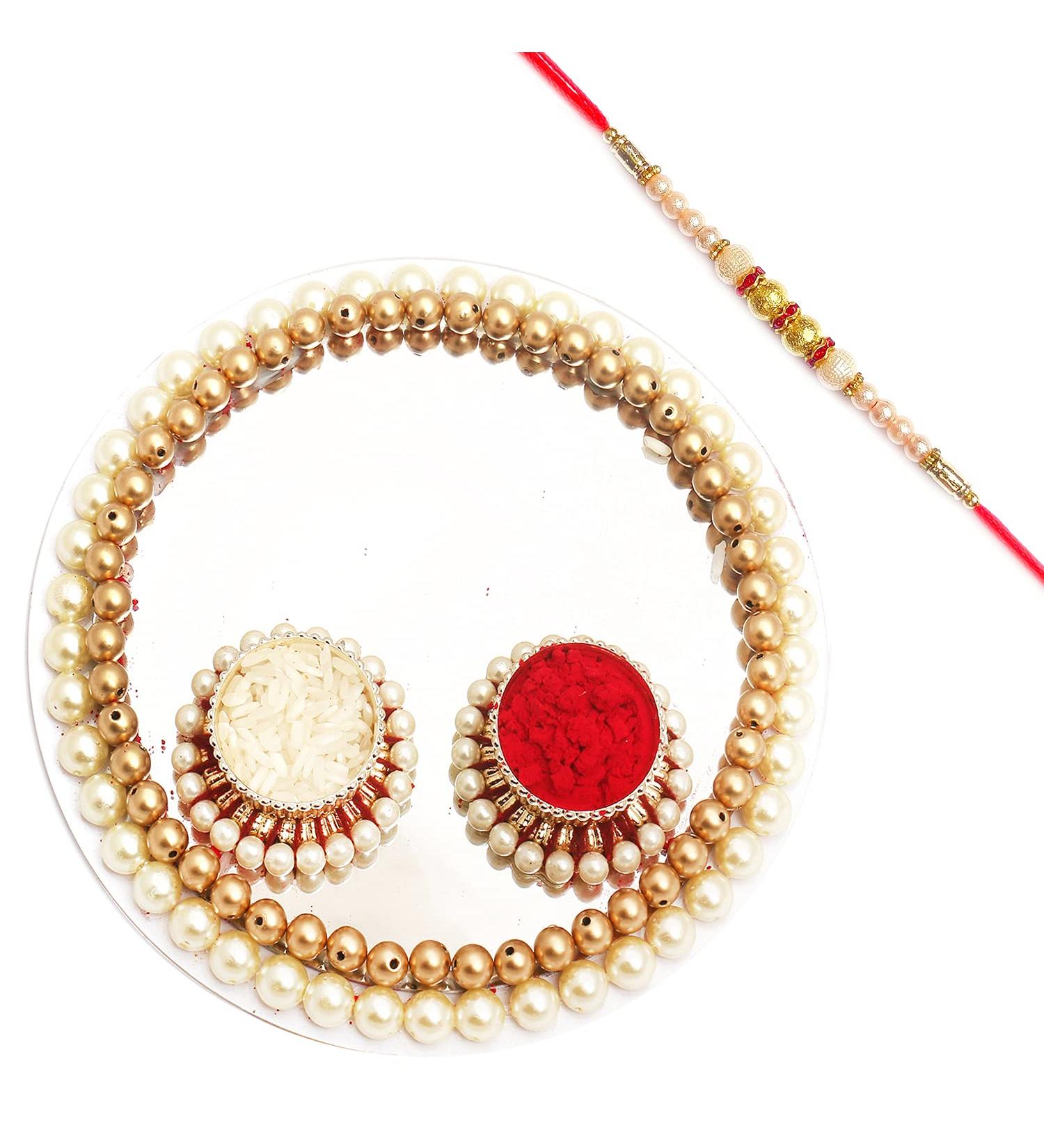 Ghasitaram Gifts Rakhi Gifts for Brothers Rakhi Gifts Rakhi Pooja Thalis- White Pearl Pooja Thali with Pearl Rakhi - Buy Online on GoSupps.com