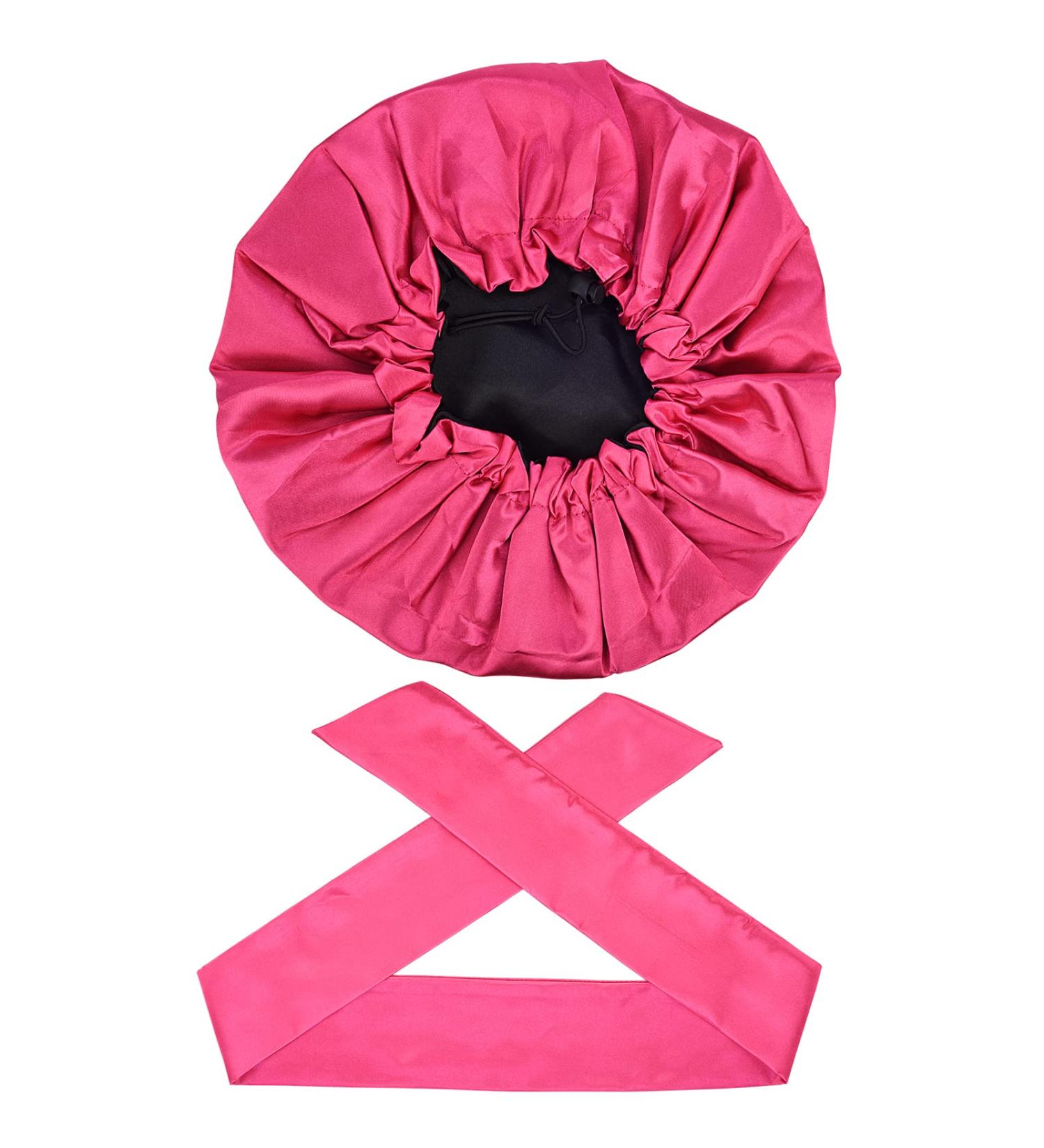 Rose Red Satin Bonnet Sleep Cap & Edge Scarf Set - Reversible Double Layer Hat - Buy Online on GoSupps.com