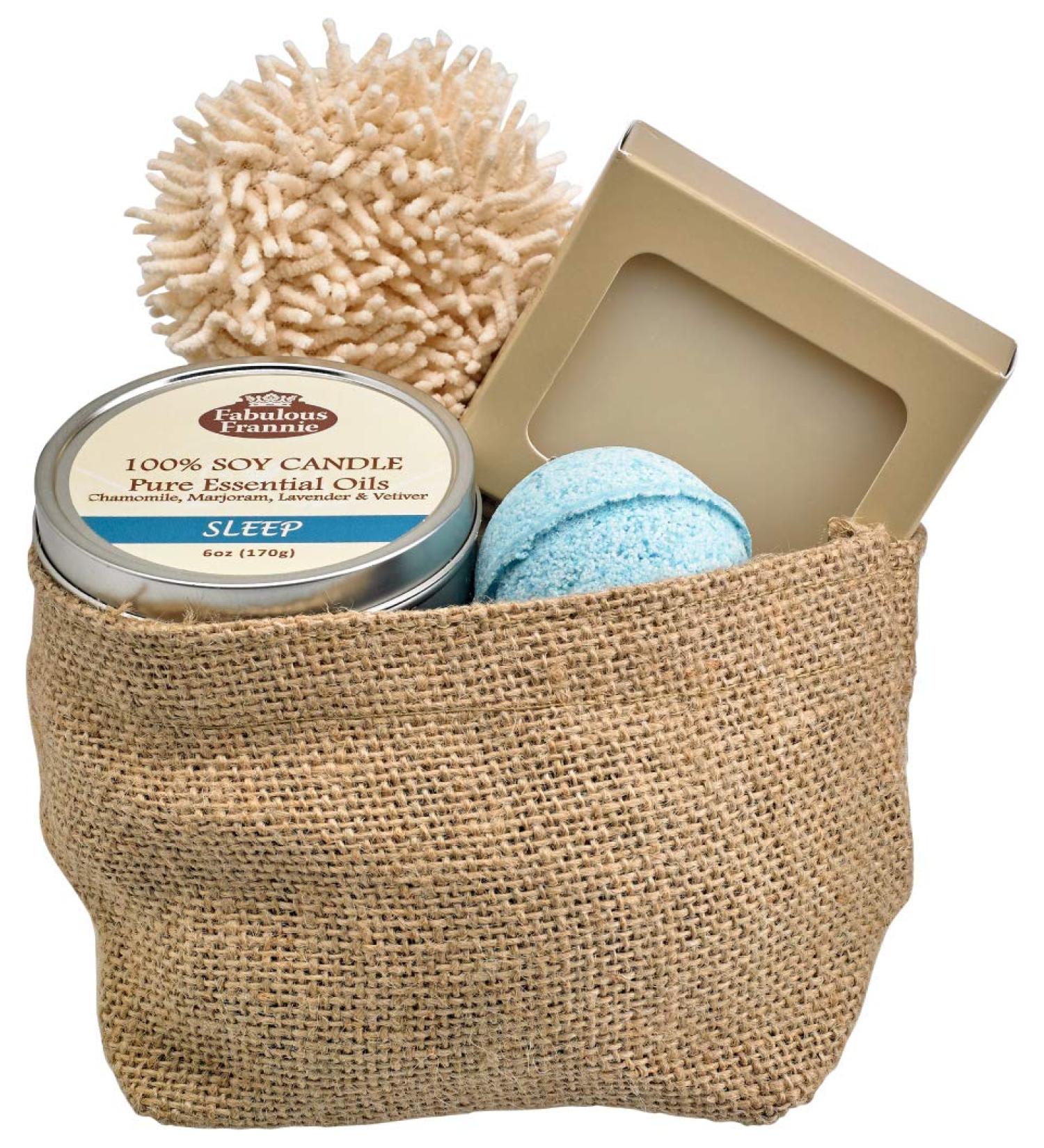 Fabulous Frannie All Natural Good Night Gift Basket - Soap Bath Bomb Candle & Sponge | International Shipping Available - Buy Online on GoSupps.com